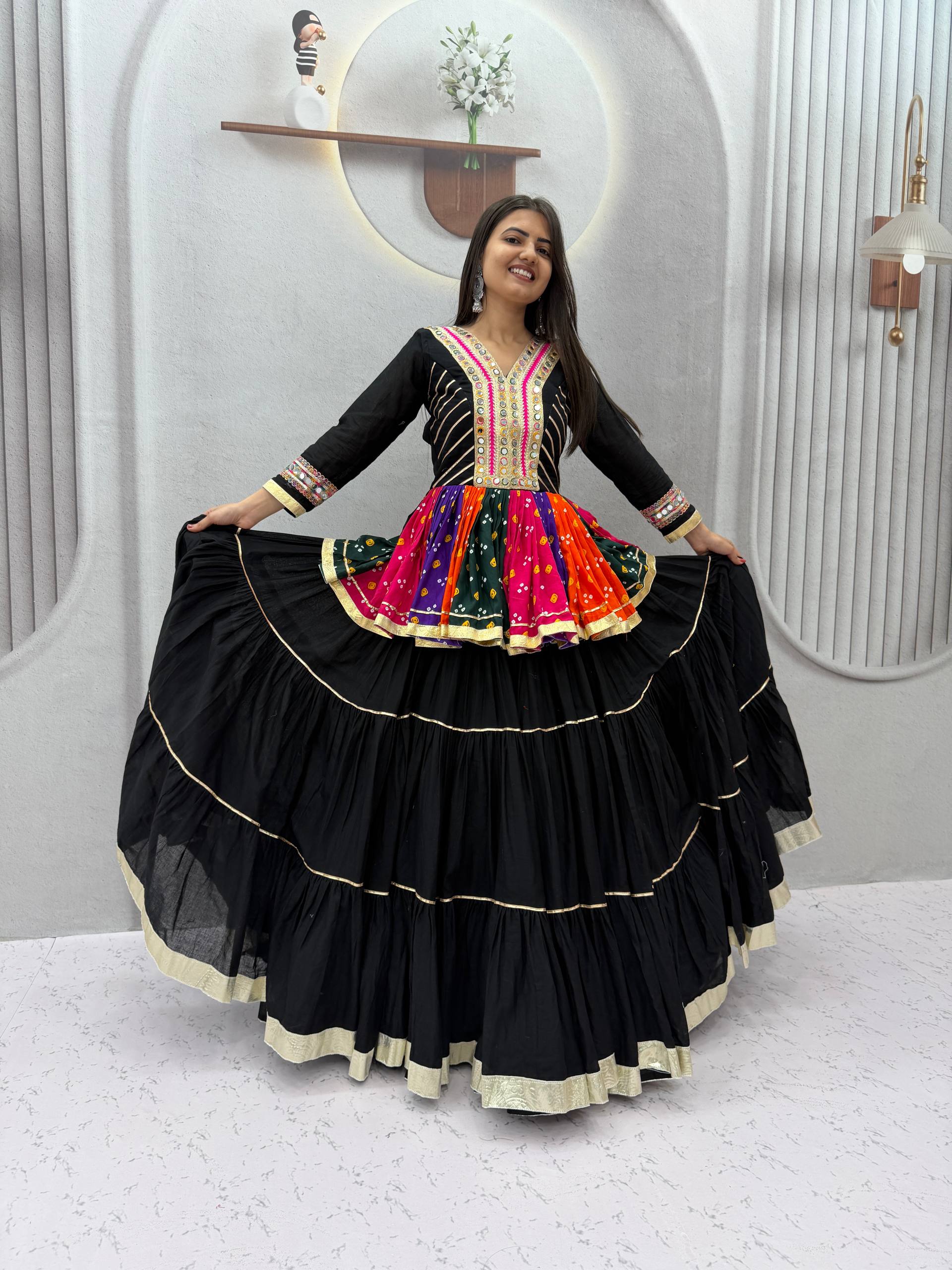 Black Multicolor Gamthi Work Pure Cotton Kediyu Lehenga Set