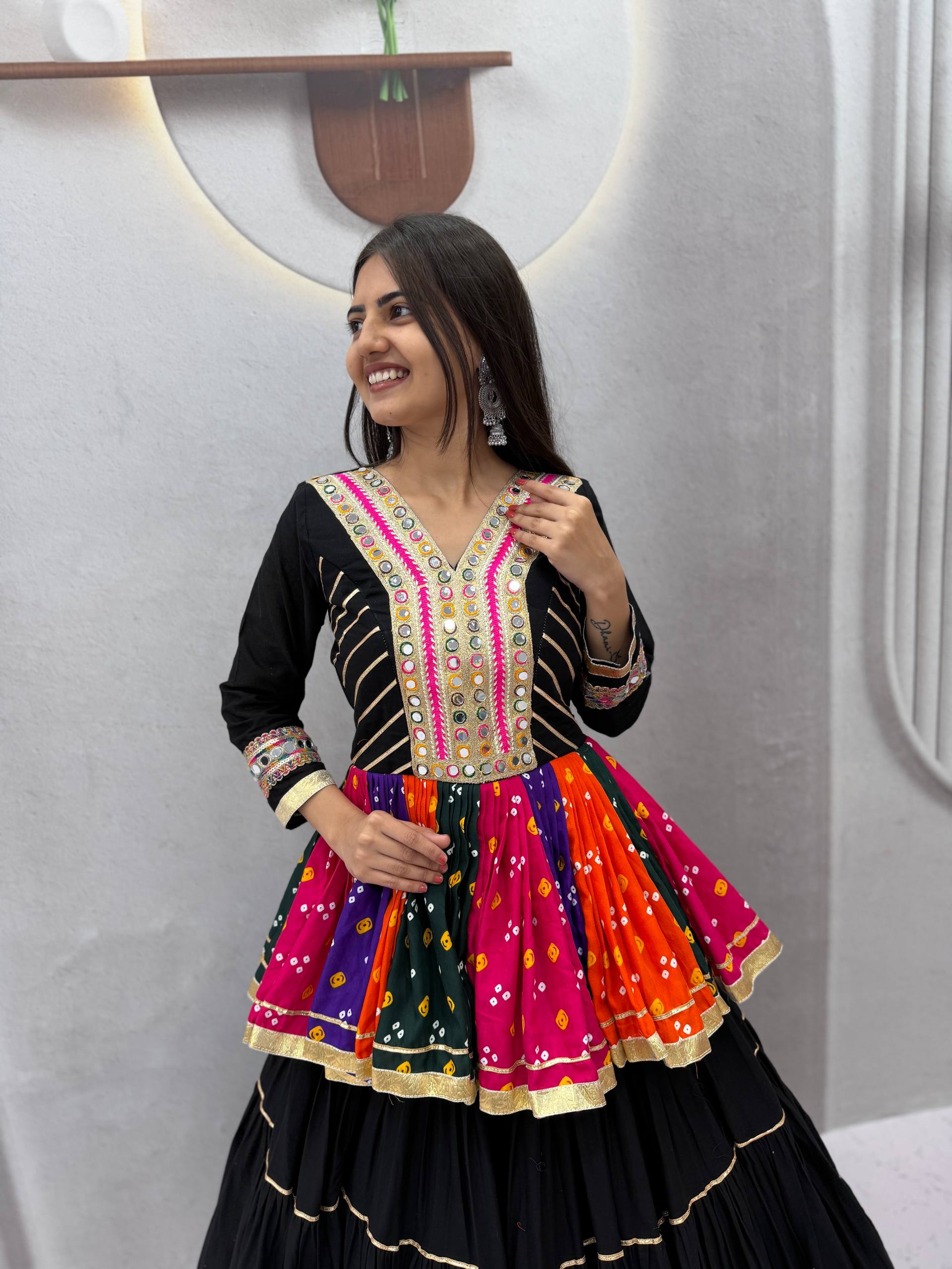 Black Multicolor Gamthi Work Pure Cotton Kediyu Lehenga Set