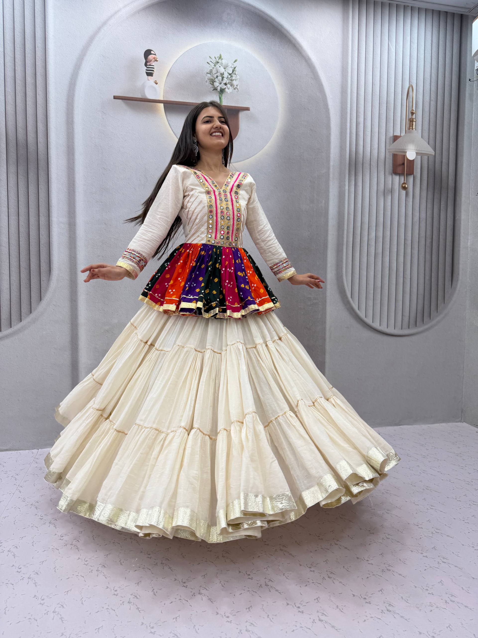 Ivory Multicolor Gamthi Mirror Work Cotton Kediyu Lehenga Set