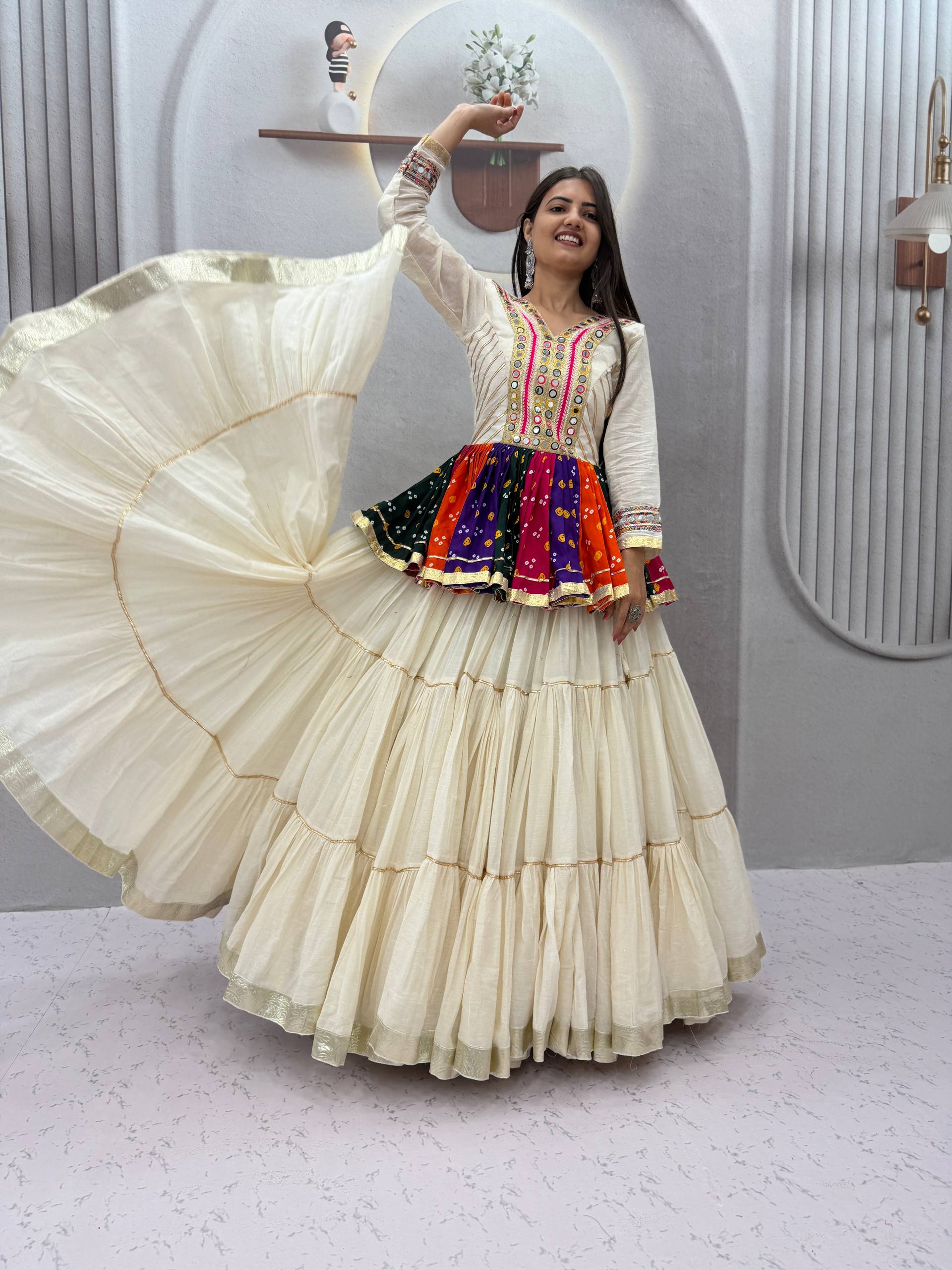 Ivory Multicolor Gamthi Mirror Work Cotton Kediyu Lehenga Set