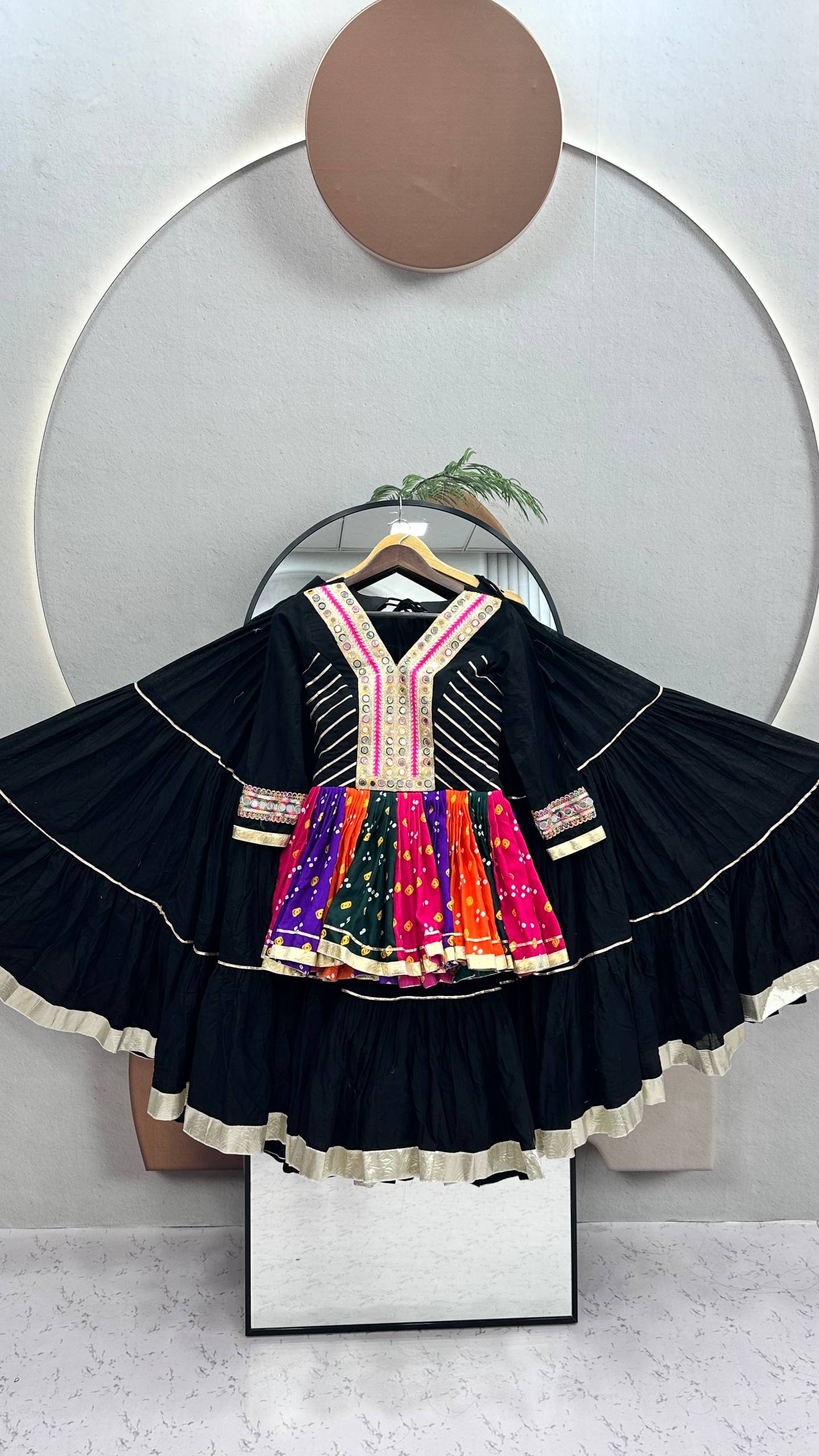 Black Multicolor Gamthi Work Pure Cotton Kediyu Lehenga Set