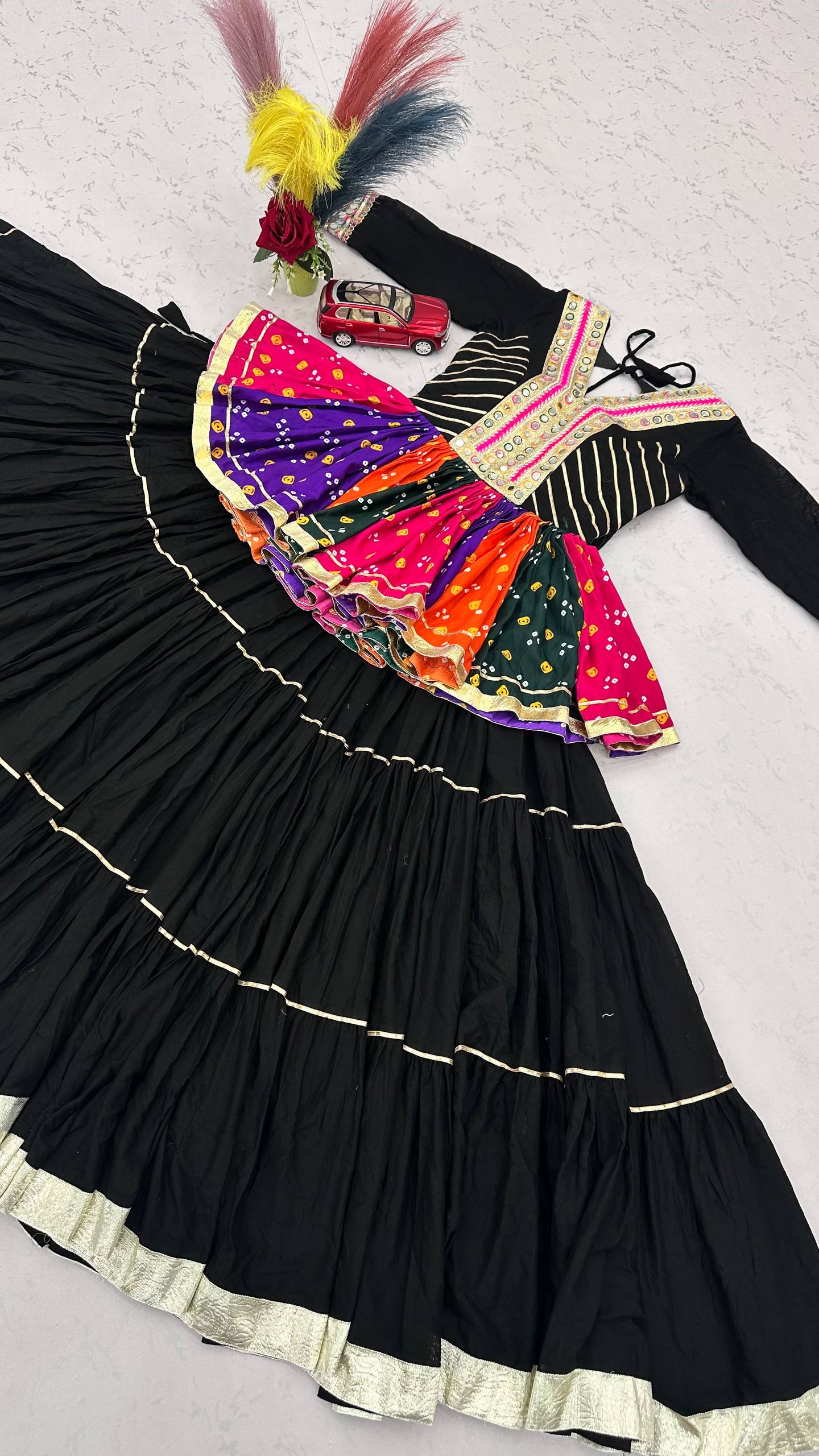 Black Multicolor Gamthi Work Pure Cotton Kediyu Lehenga Set