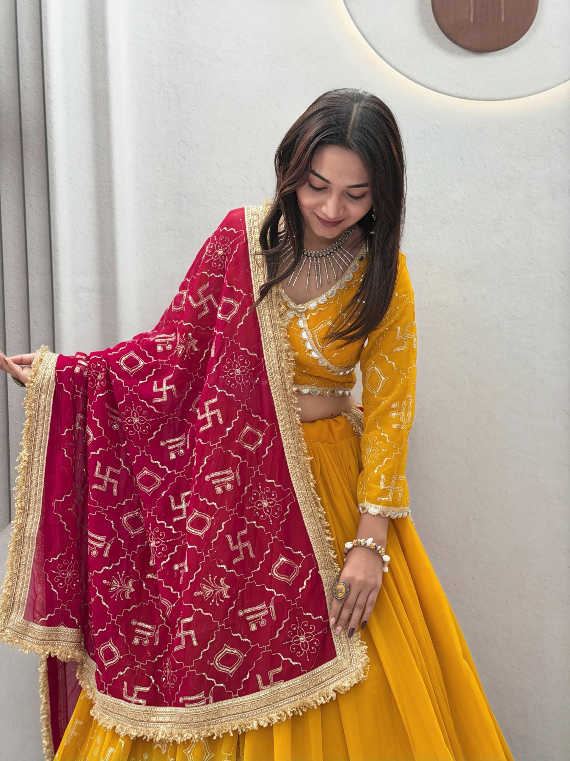 Mustard Yellow & Rani Pink Fox Georgette Lehenga Choli with Embroidered Dupatta