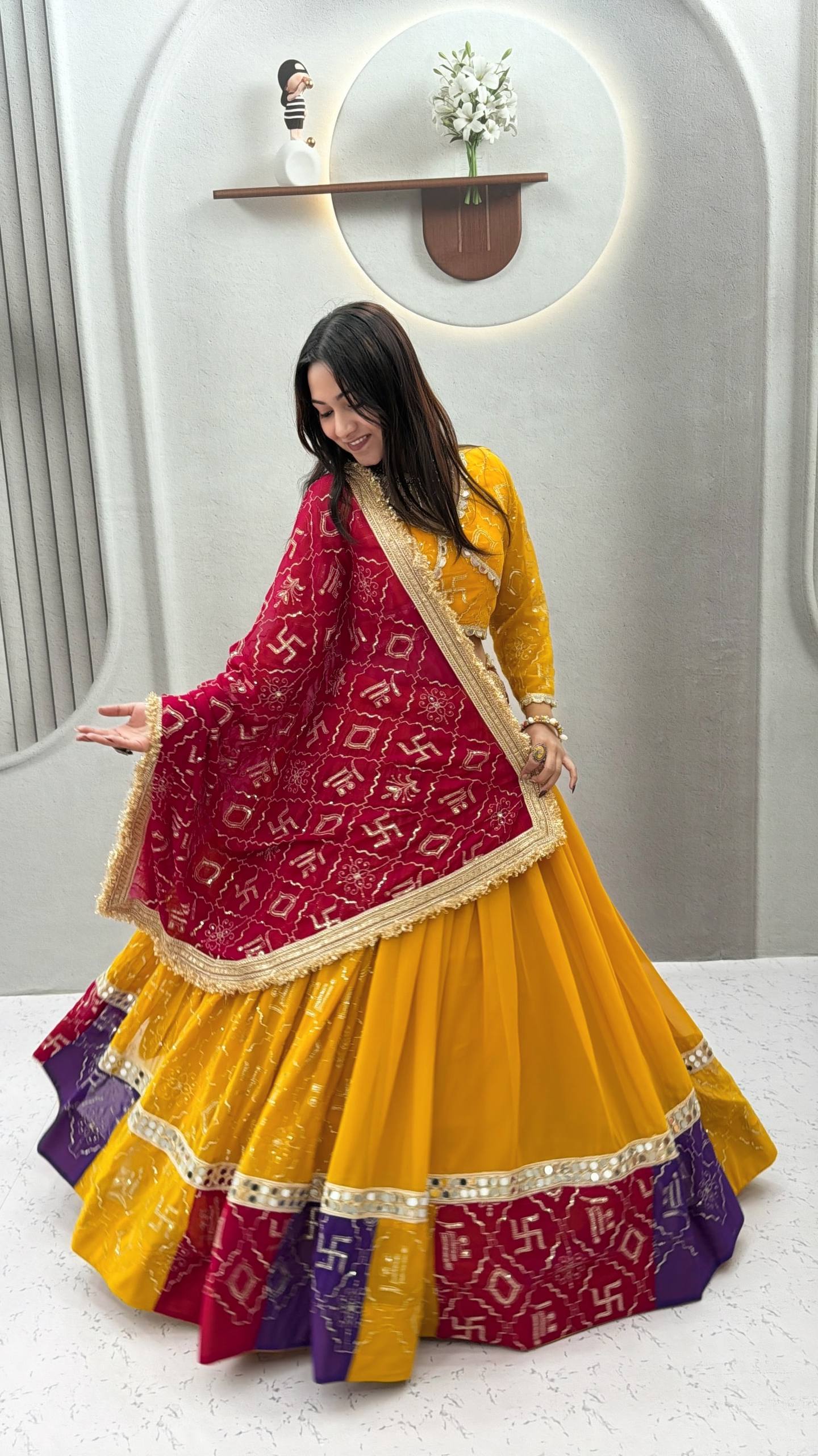 Mustard Yellow & Rani Pink Fox Georgette Lehenga Choli with Embroidered Dupatta