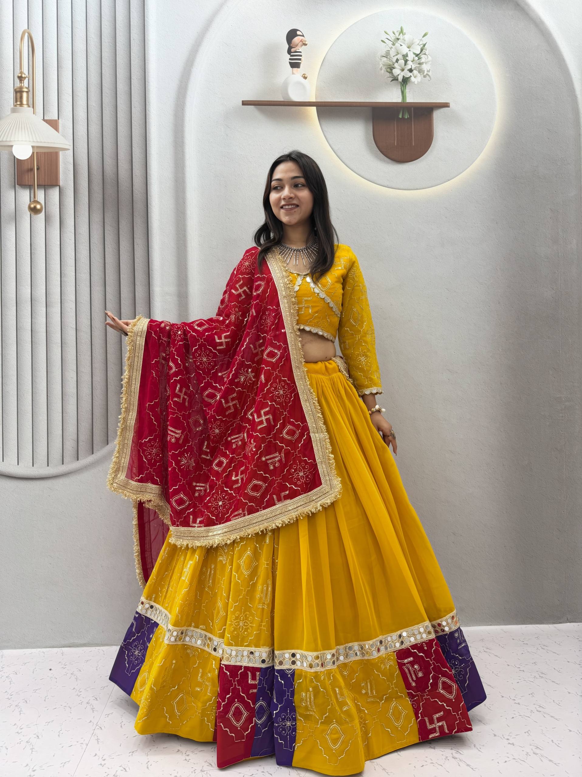Mustard Yellow & Rani Pink Fox Georgette Lehenga Choli with Embroidered Dupatta