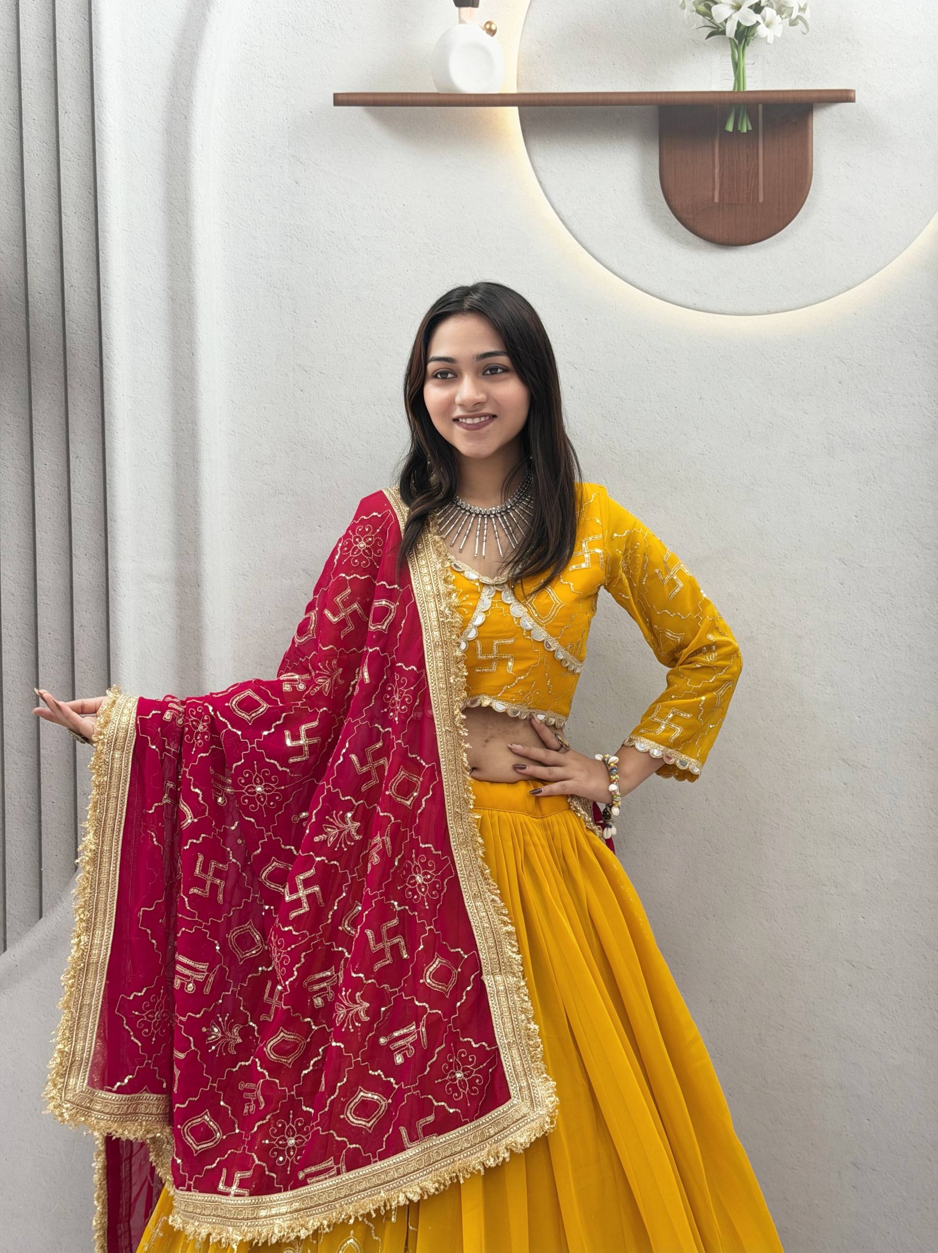 Mustard Yellow & Rani Pink Fox Georgette Lehenga Choli with Embroidered Dupatta