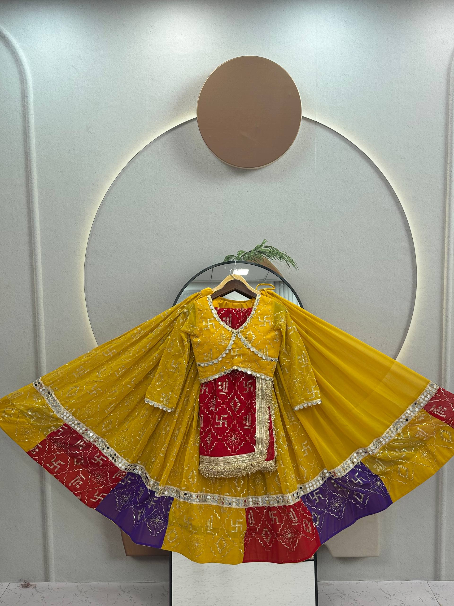 Mustard Yellow & Rani Pink Fox Georgette Lehenga Choli with Embroidered Dupatta