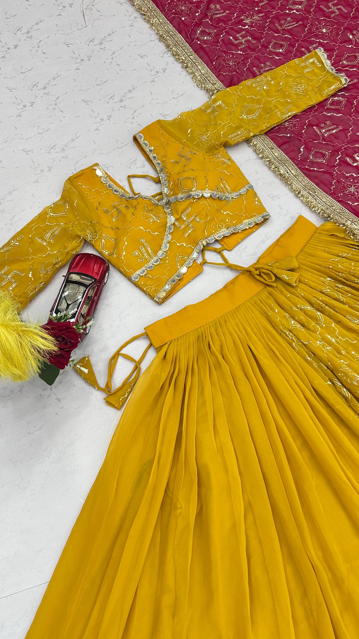 Mustard Yellow & Rani Pink Fox Georgette Lehenga Choli with Embroidered Dupatta
