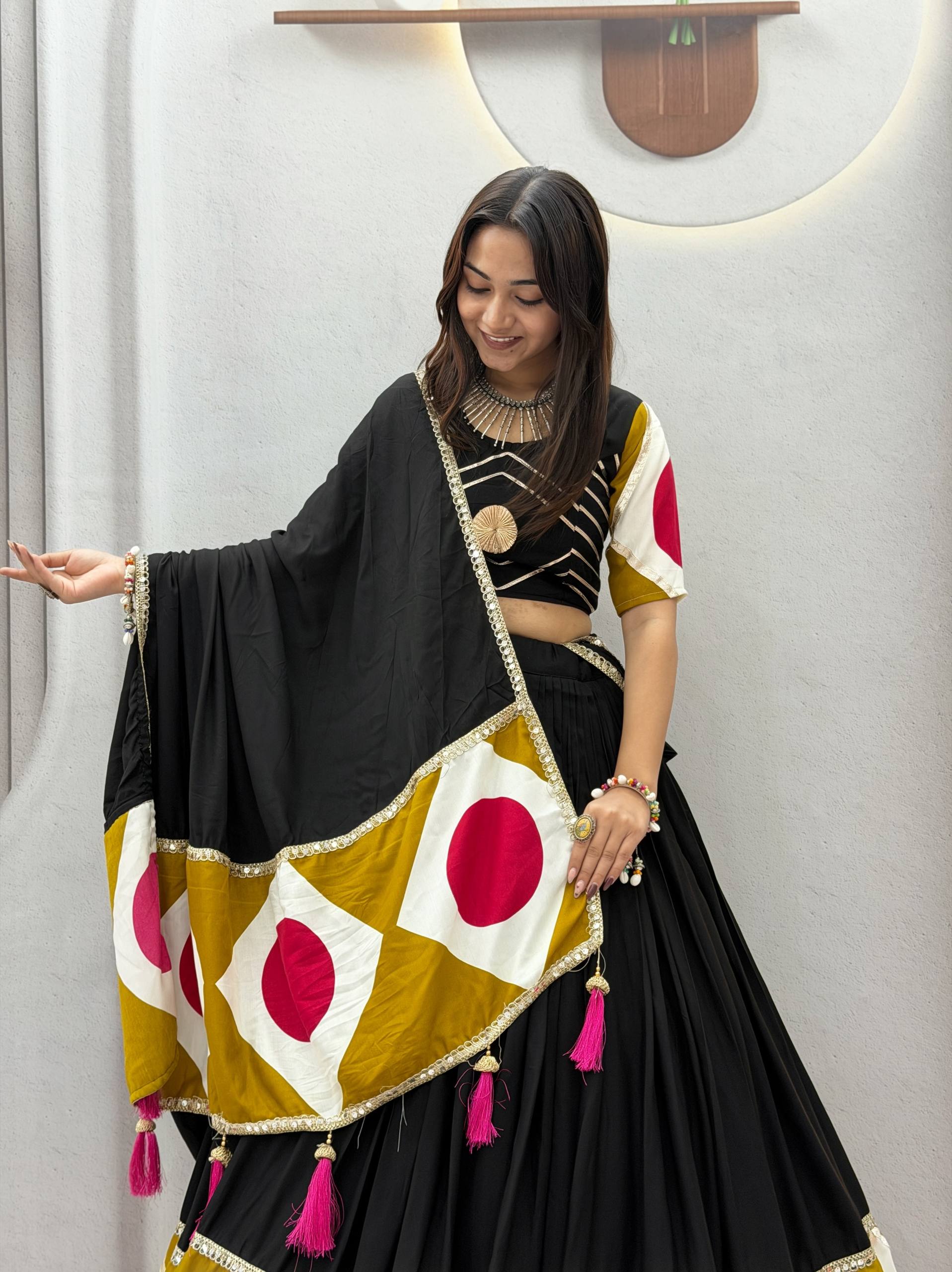Black & Mustard Multicolor Pure Cotton Lehenga Choli with Gota Patti Dupatta