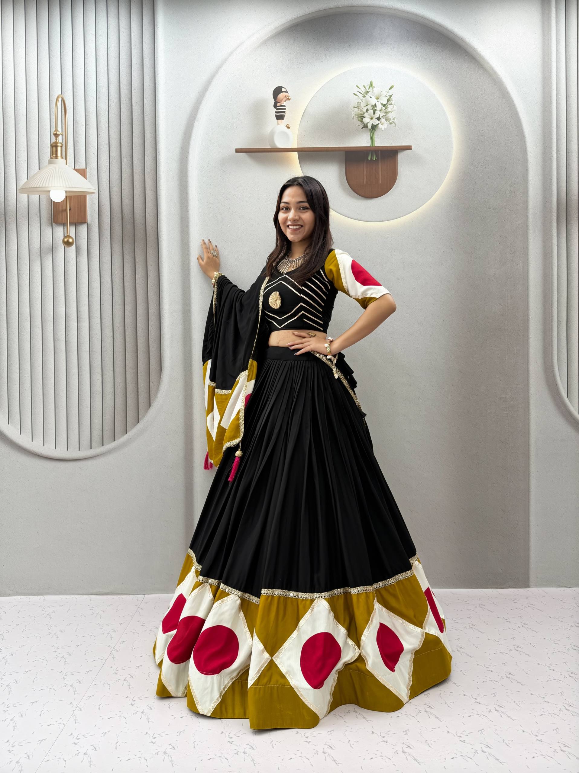Black & Mustard Multicolor Pure Cotton Lehenga Choli with Gota Patti Dupatta