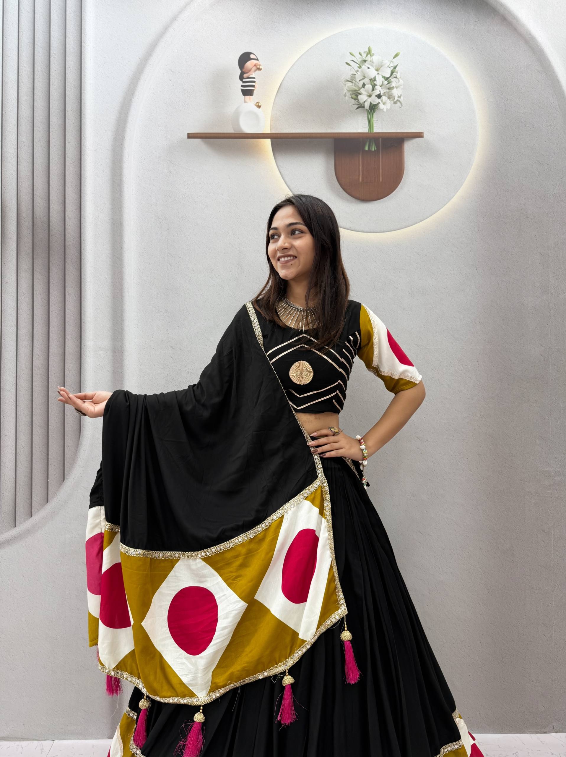 Black & Mustard Multicolor Pure Cotton Lehenga Choli with Gota Patti Dupatta