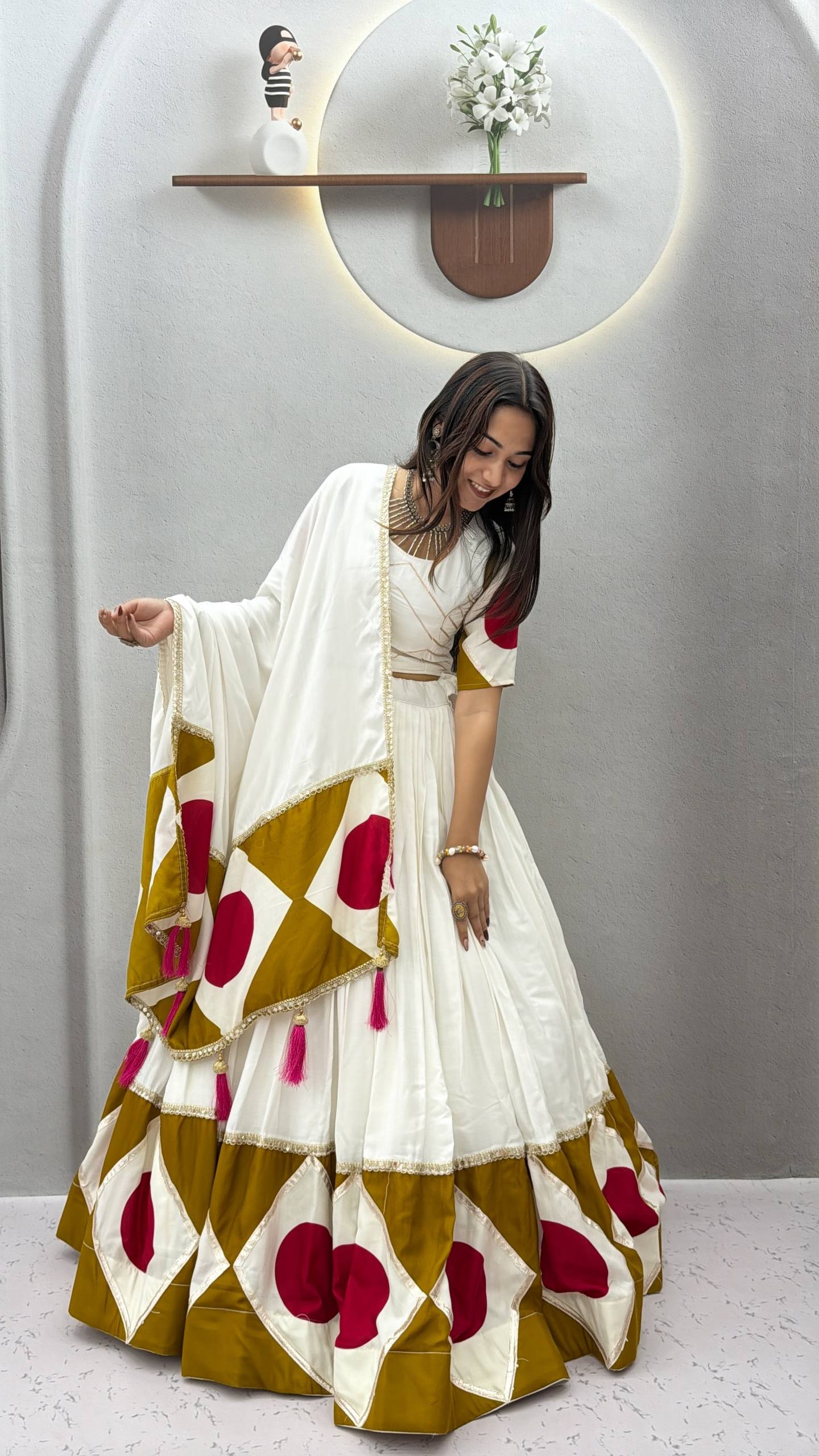 Ivory, Mustard & Rani Pink Pure Cotton Lehenga Choli with Dupatta