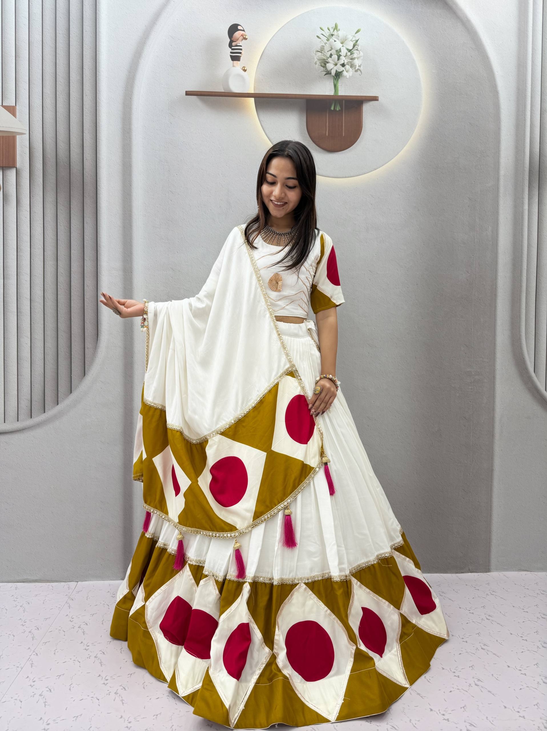 Ivory, Mustard & Rani Pink Pure Cotton Lehenga Choli with Dupatta