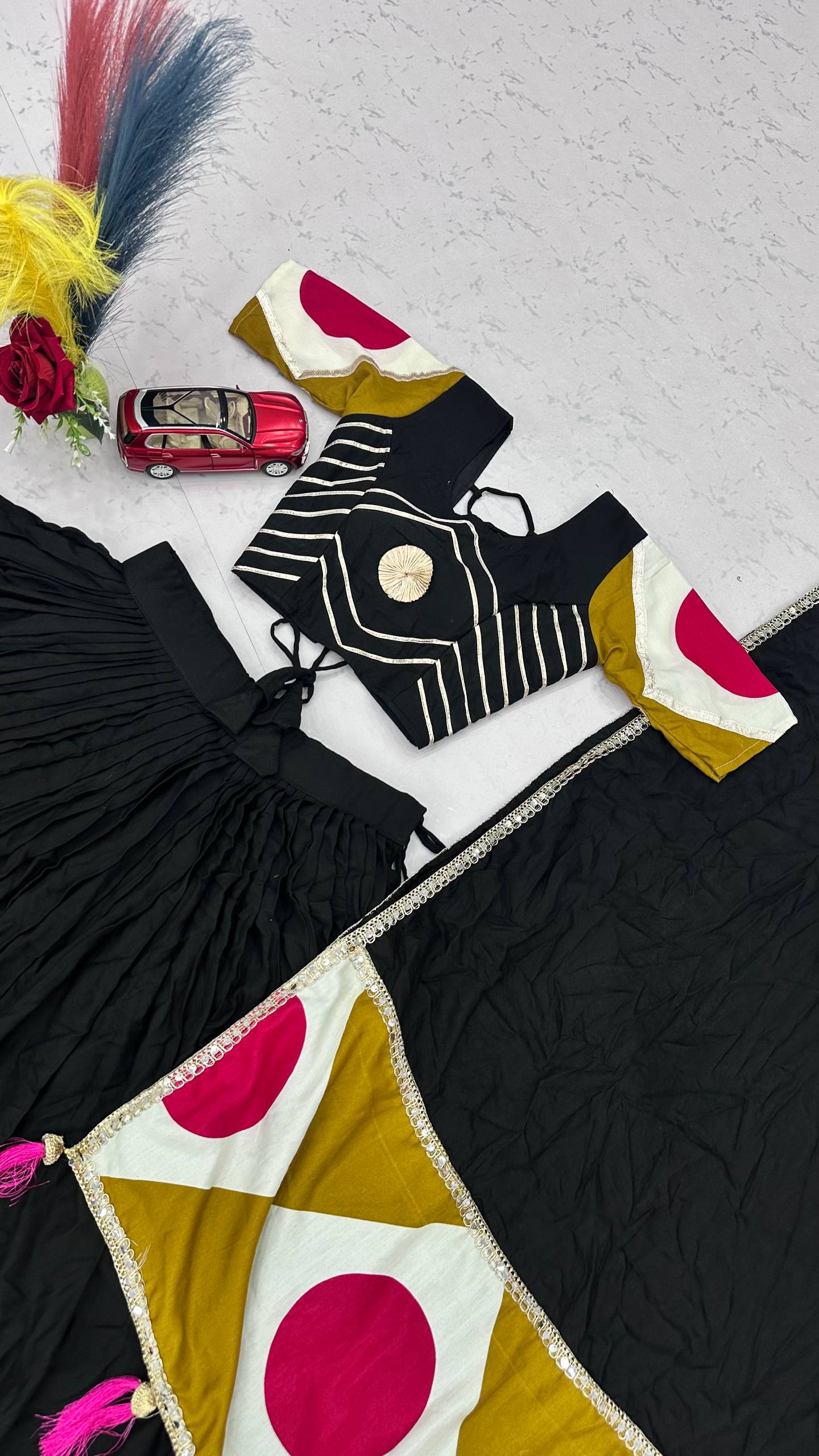 Black & Mustard Multicolor Pure Cotton Lehenga Choli with Gota Patti Dupatta