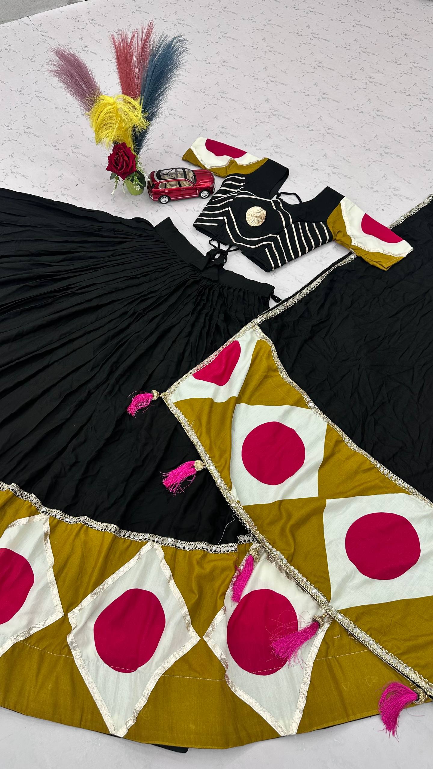 Black & Mustard Multicolor Pure Cotton Lehenga Choli with Gota Patti Dupatta