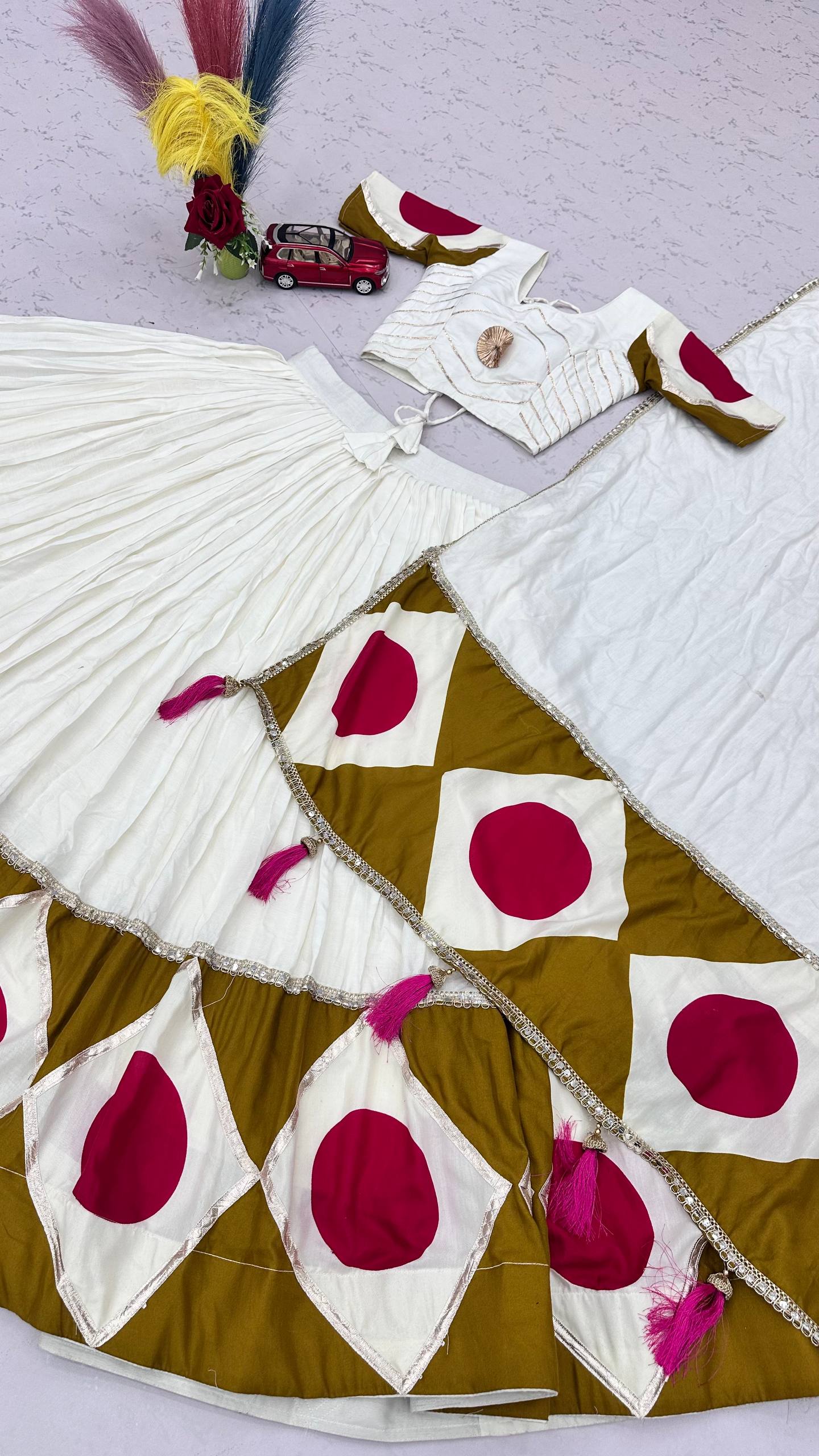 Ivory, Mustard & Rani Pink Pure Cotton Lehenga Choli with Dupatta