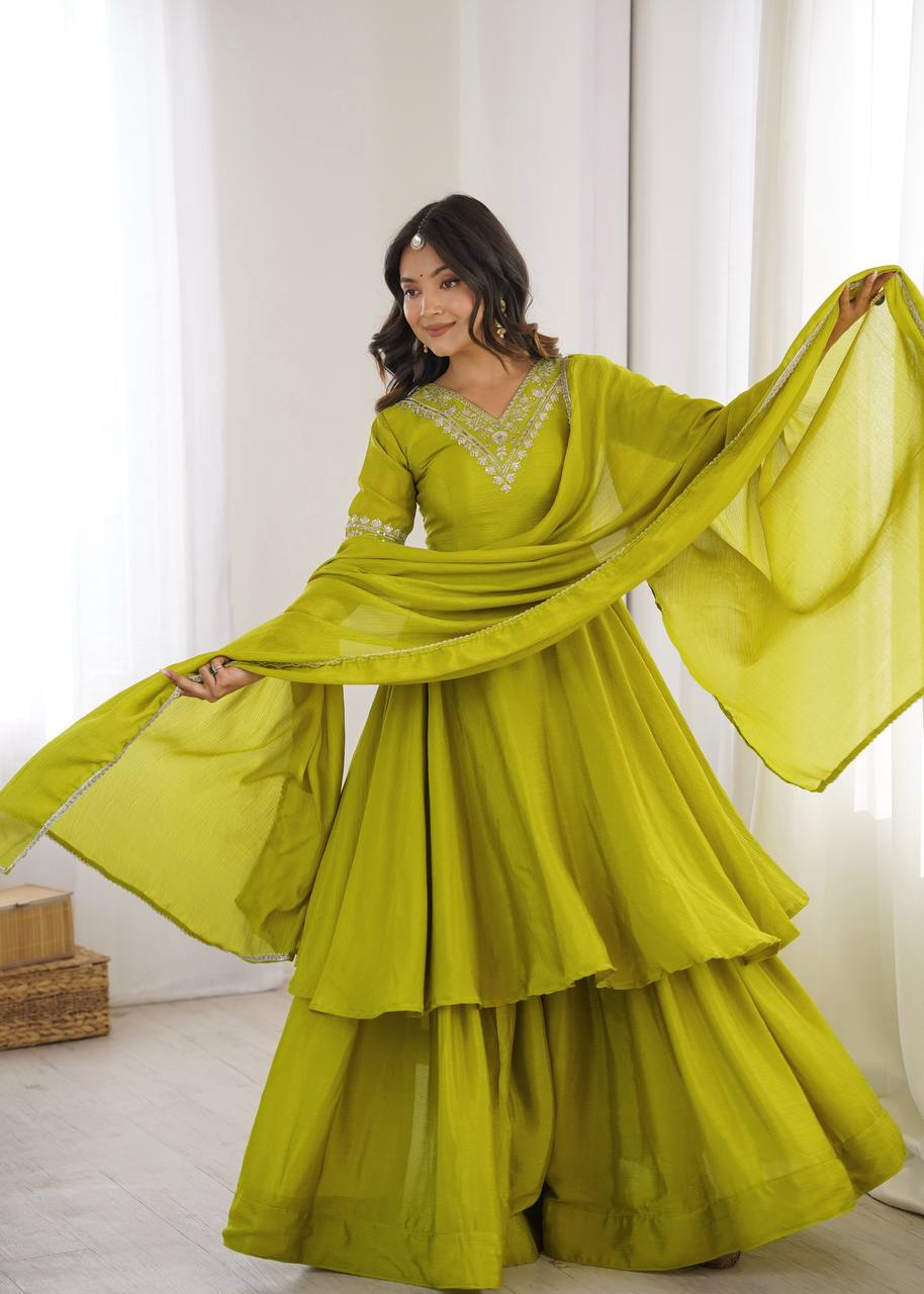 Olive Green Embroidered Chinon Silk Anarkali Suit Set