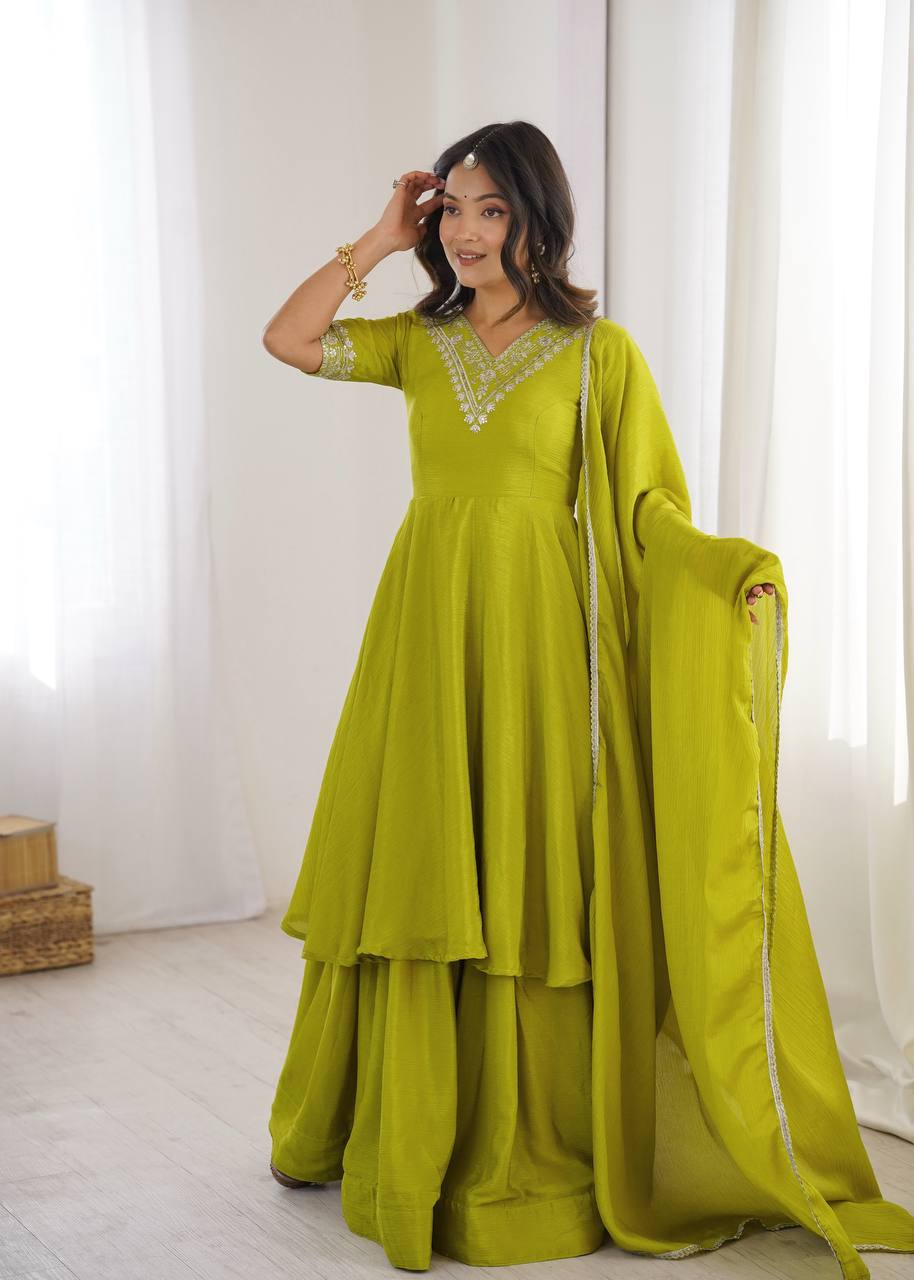 Olive Green Embroidered Chinon Silk Anarkali Suit Set