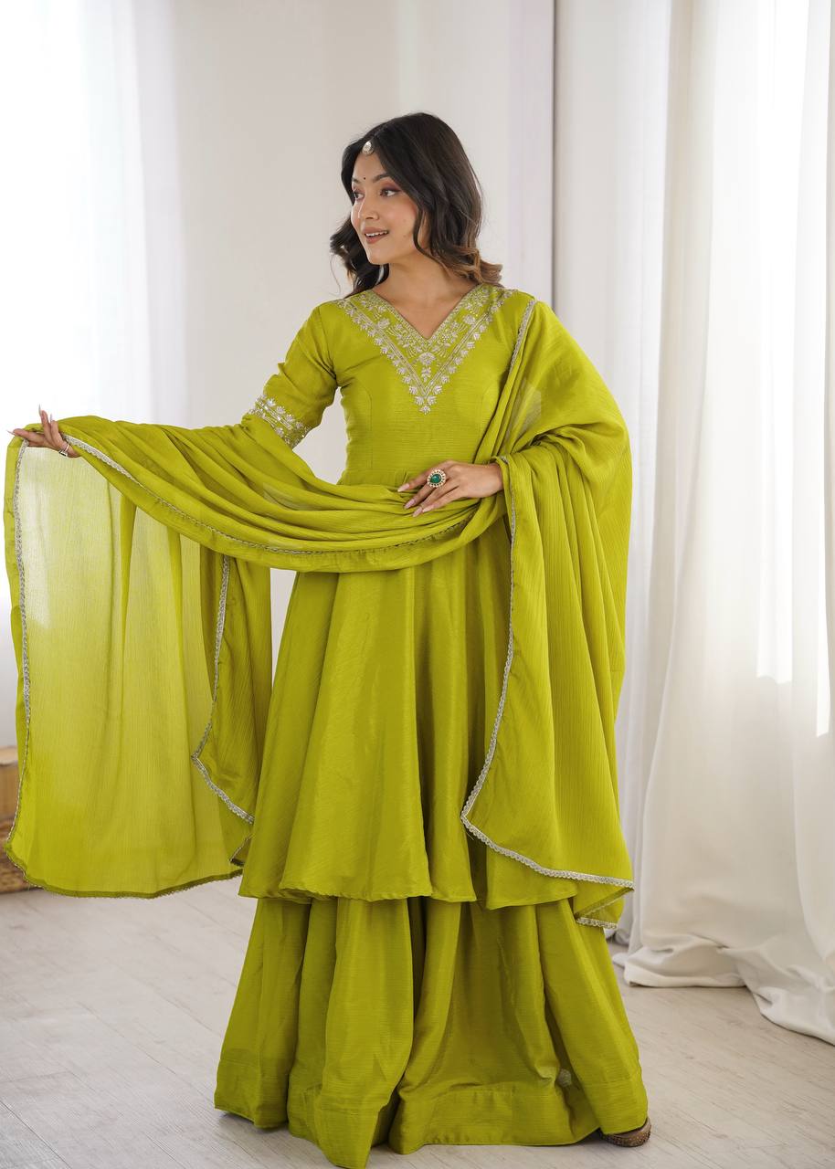 Olive Green Embroidered Chinon Silk Anarkali Suit Set