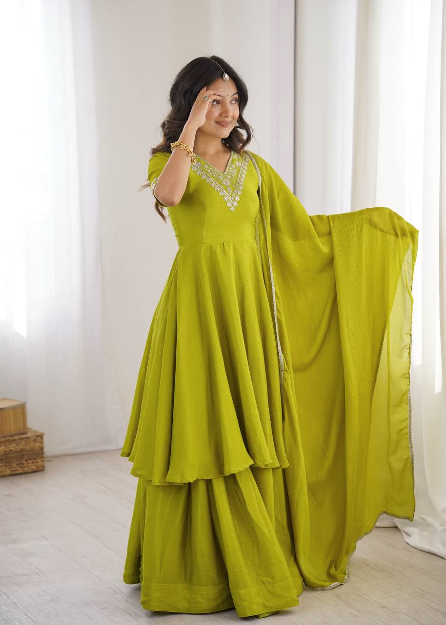 Olive Green Embroidered Chinon Silk Anarkali Suit Set