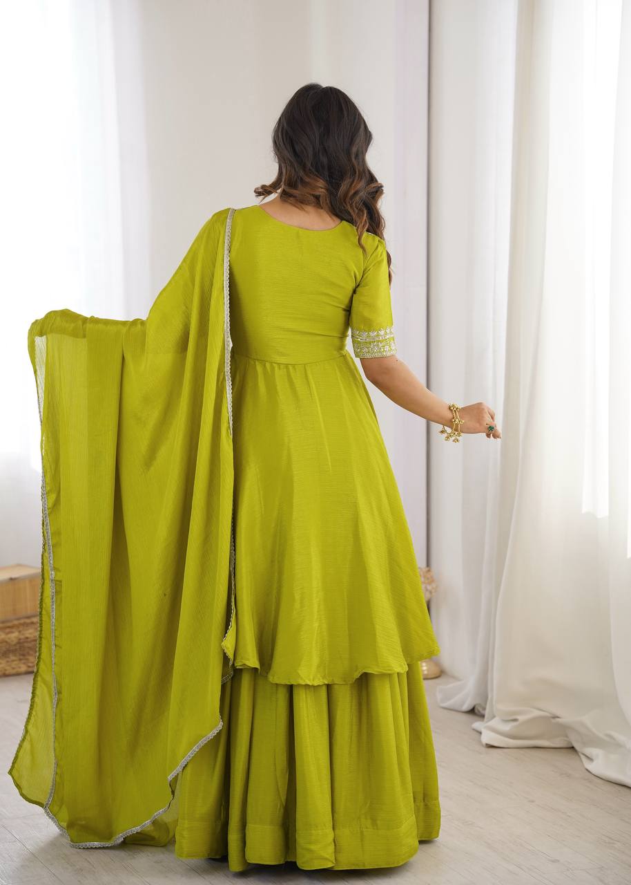 Olive Green Embroidered Chinon Silk Anarkali Suit Set