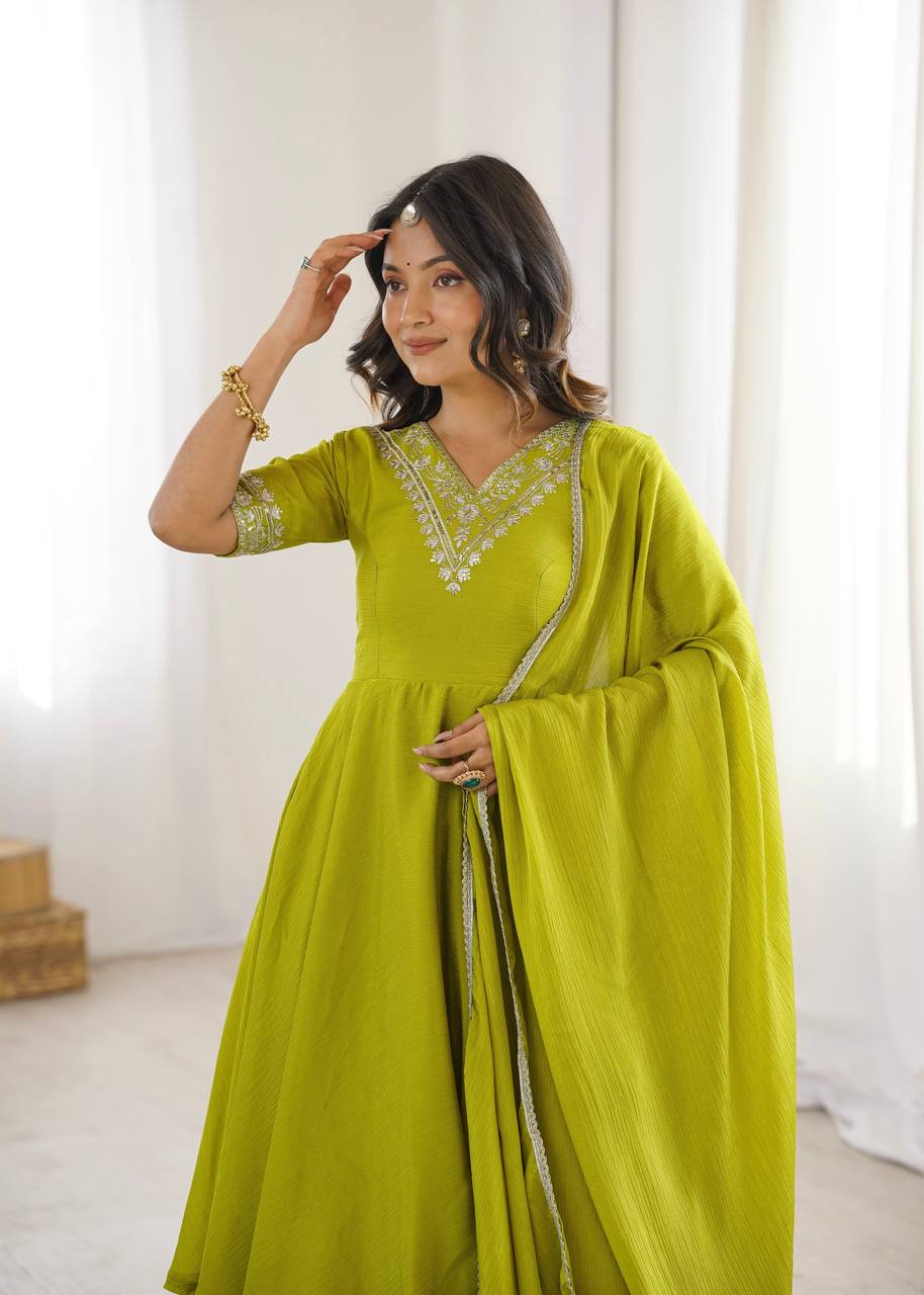 Olive Green Embroidered Chinon Silk Anarkali Suit Set
