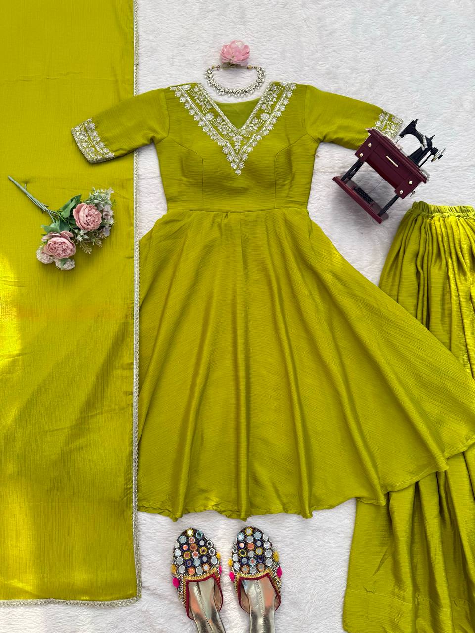 Olive Green Embroidered Chinon Silk Anarkali Suit Set