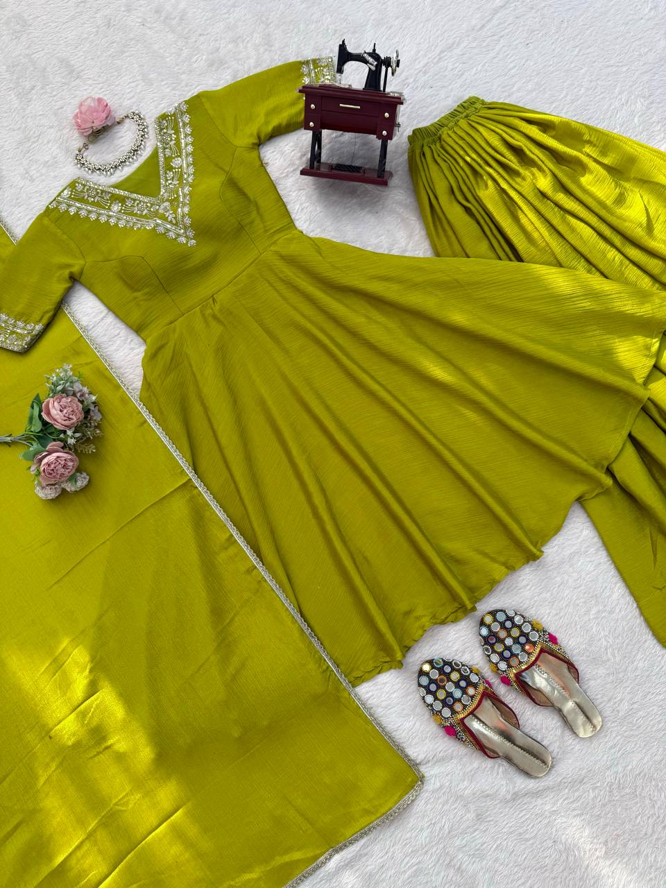 Olive Green Embroidered Chinon Silk Anarkali Suit Set