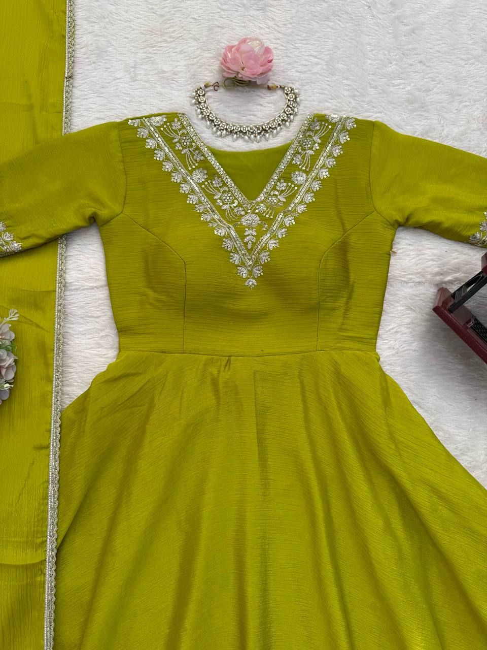 Olive Green Embroidered Chinon Silk Anarkali Suit Set