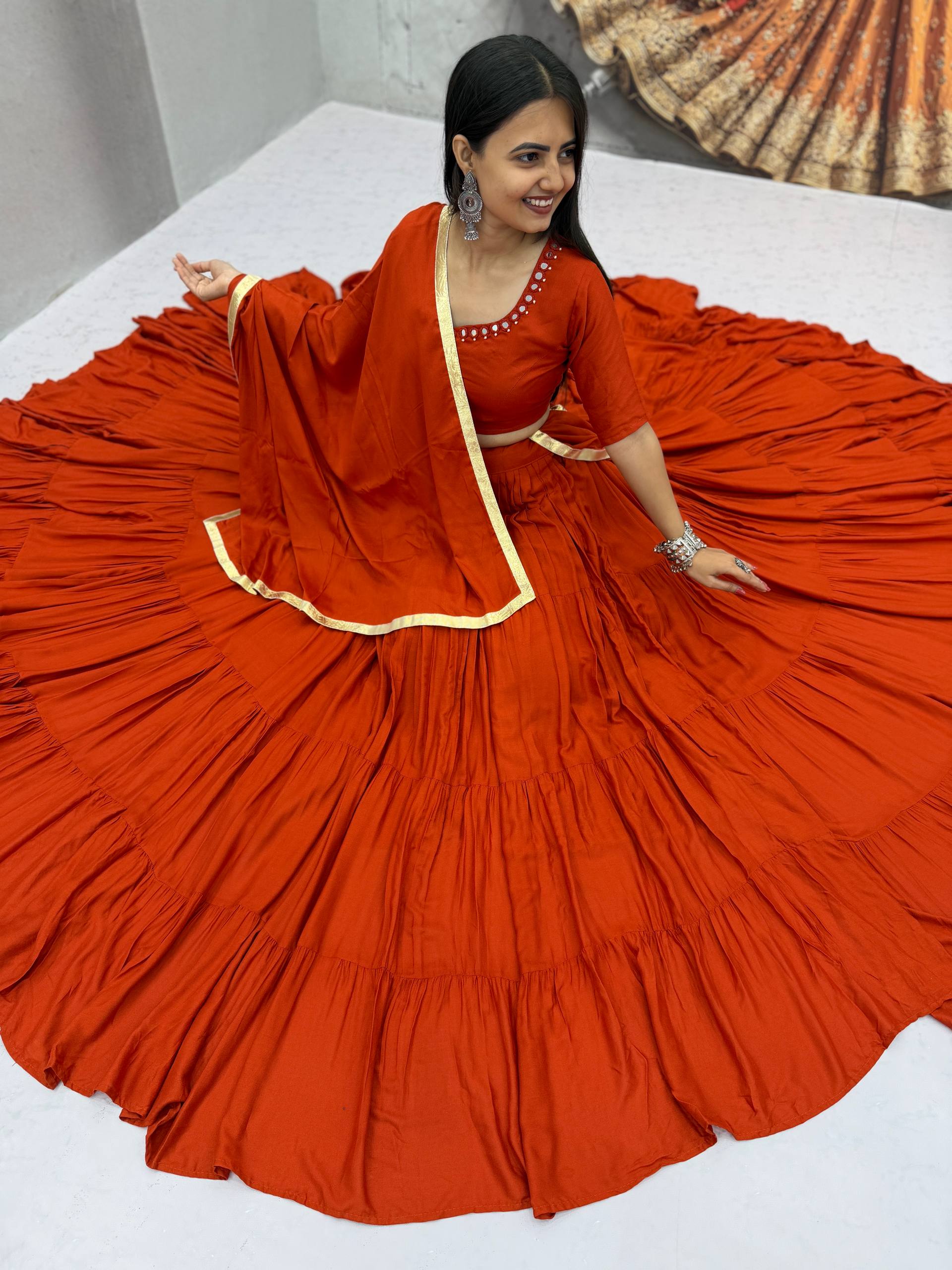 Rust Orange 9+ Meter Flair Lehenga Choli with Mirror Work Dupatta