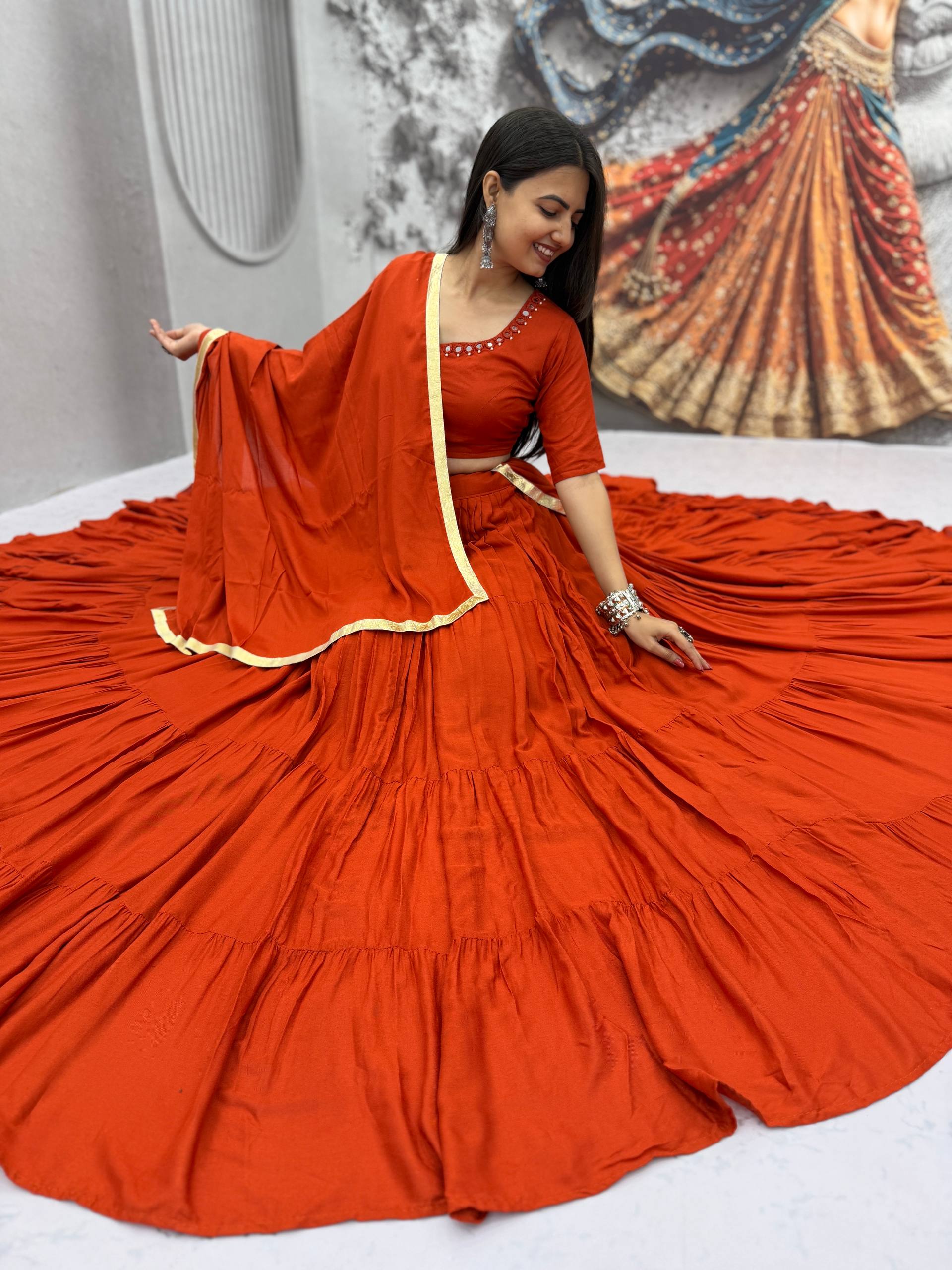 Rust Orange 9+ Meter Flair Lehenga Choli with Mirror Work Dupatta