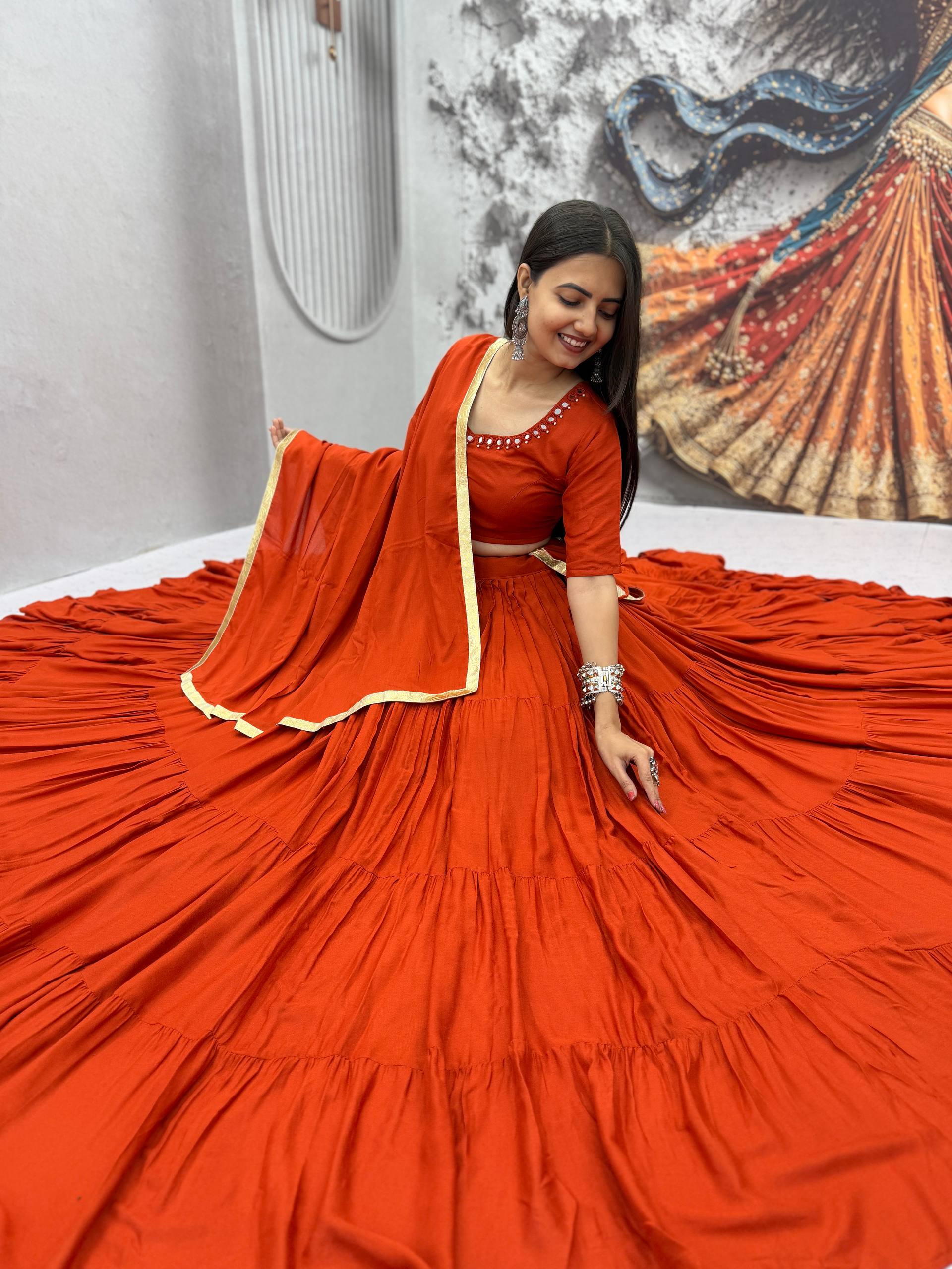 Rust Orange 9+ Meter Flair Lehenga Choli with Mirror Work Dupatta