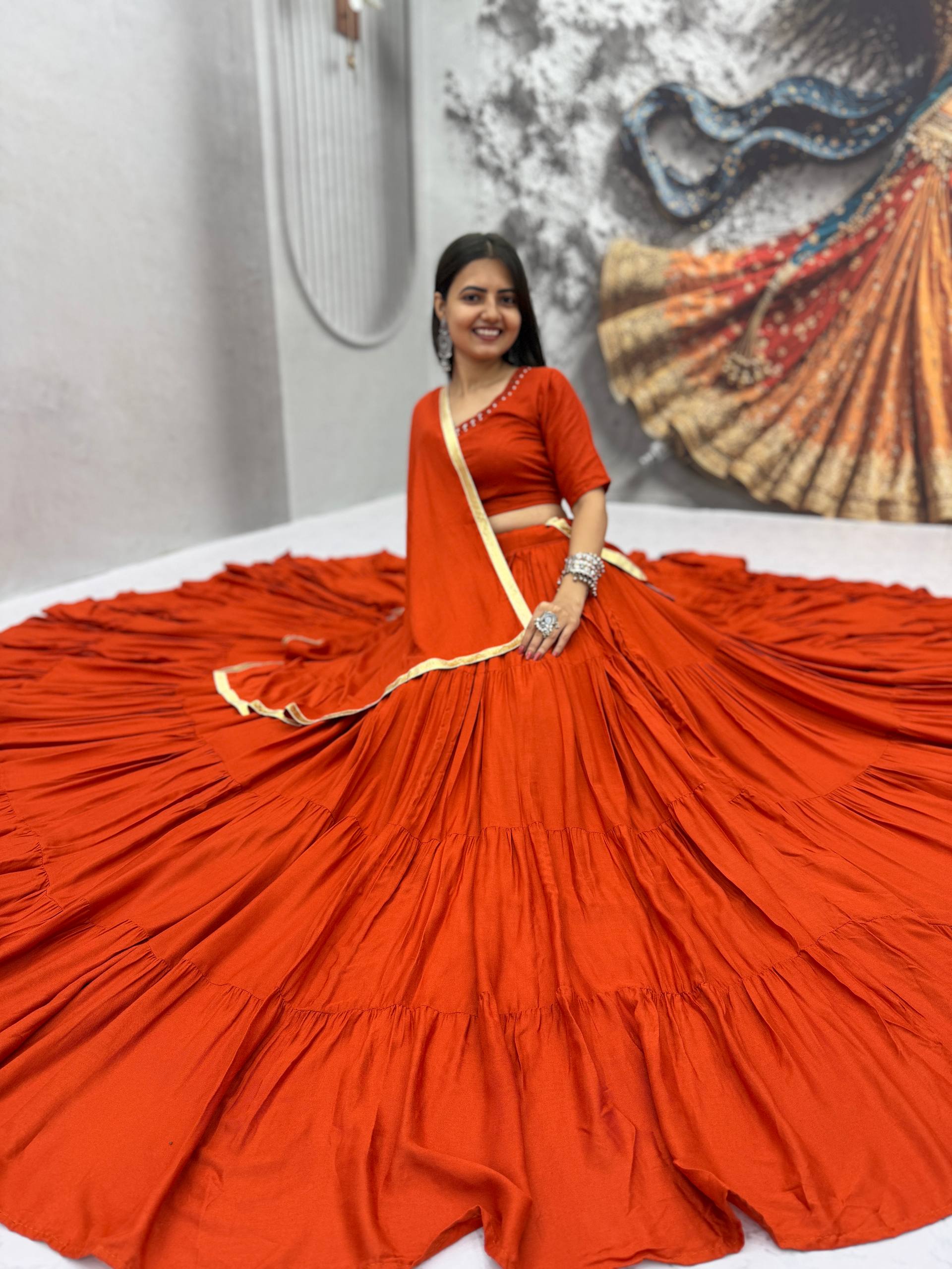Rust Orange 9+ Meter Flair Lehenga Choli with Mirror Work Dupatta
