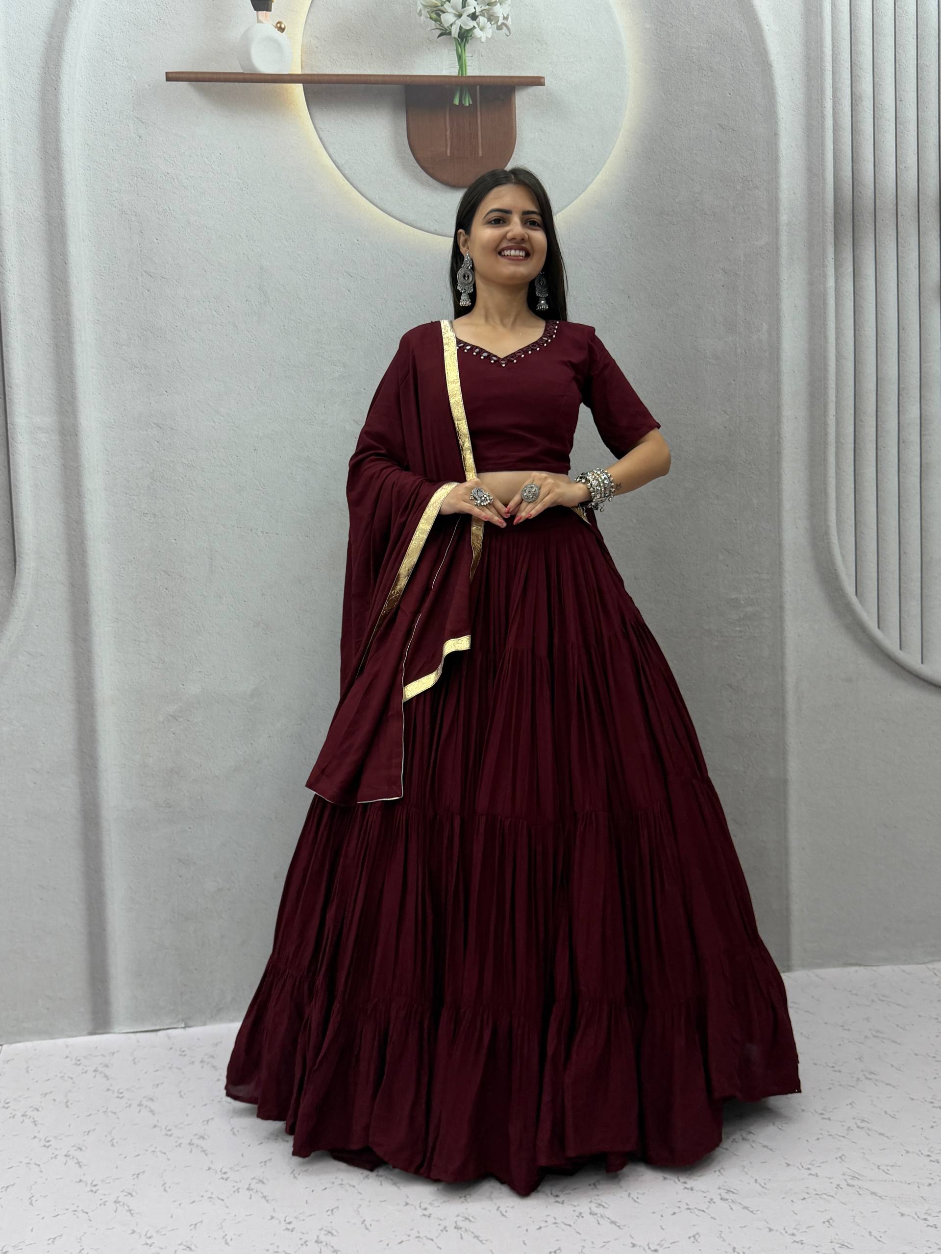Wine Rion Cotton 9+ Meter Flair Lehenga Choli Set with Handmade Mirror Work