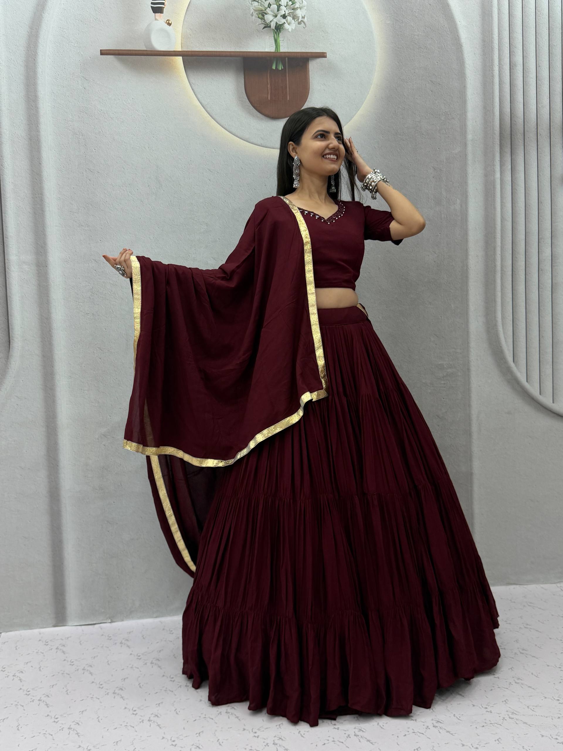 Wine Rion Cotton 9+ Meter Flair Lehenga Choli Set with Handmade Mirror Work