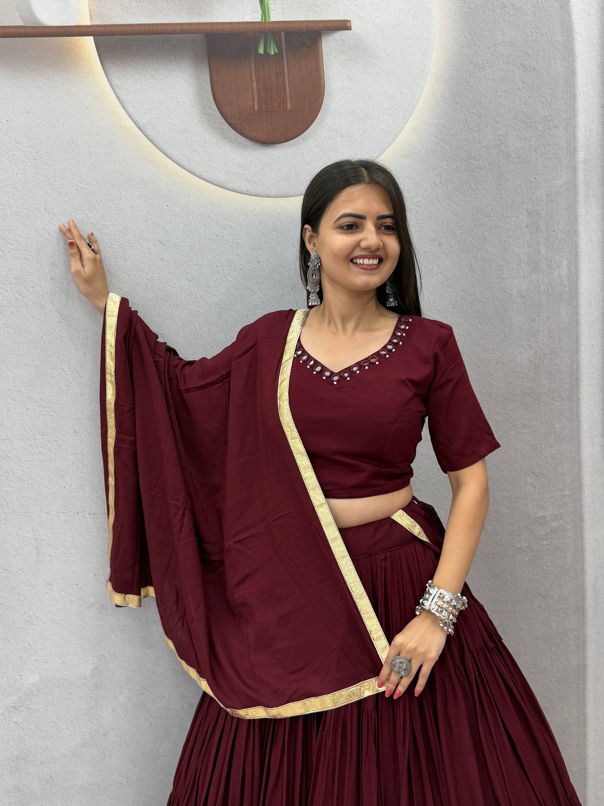 Wine Rion Cotton 9+ Meter Flair Lehenga Choli Set with Handmade Mirror Work
