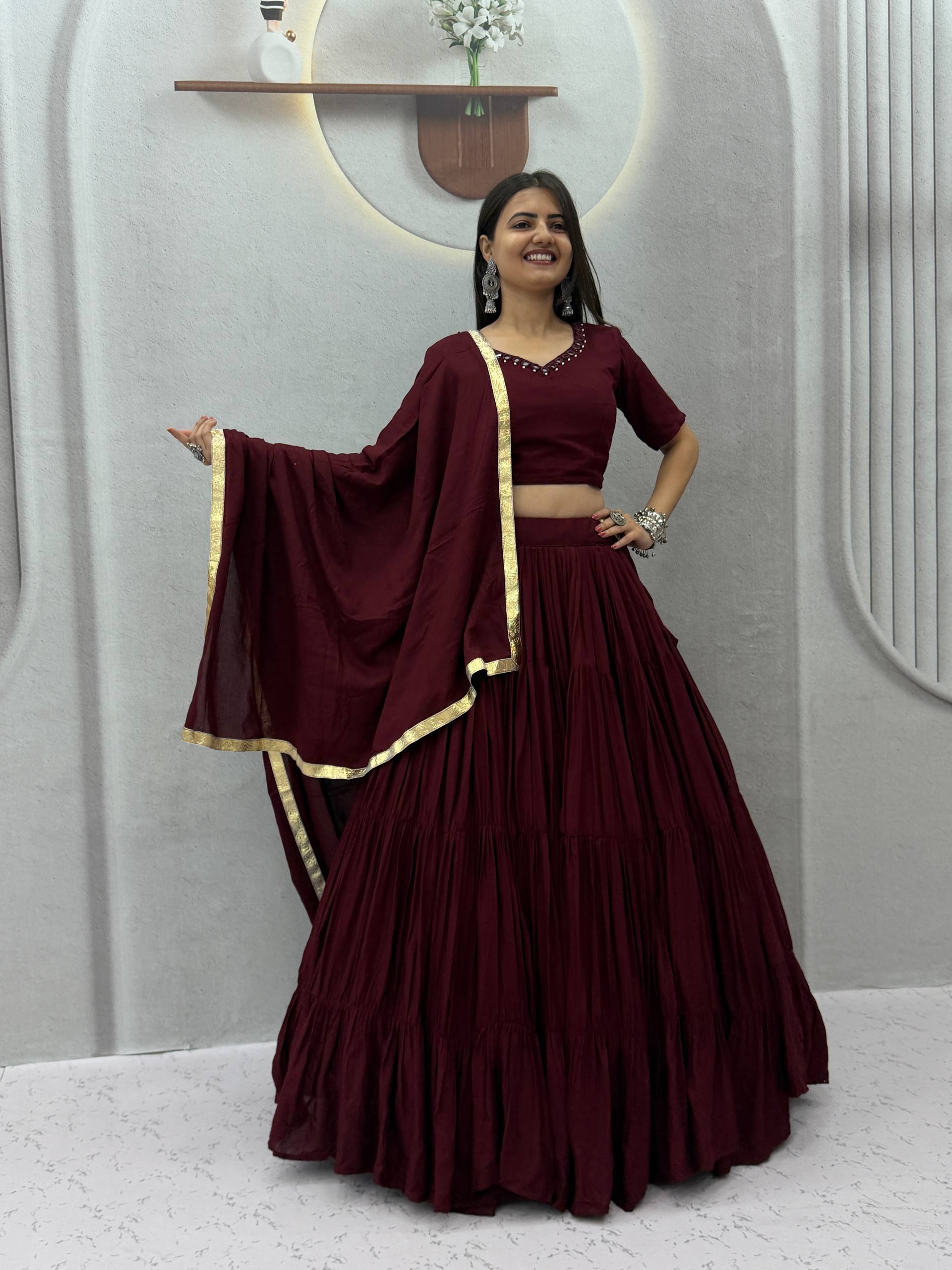 Wine Rion Cotton 9+ Meter Flair Lehenga Choli Set with Handmade Mirror Work