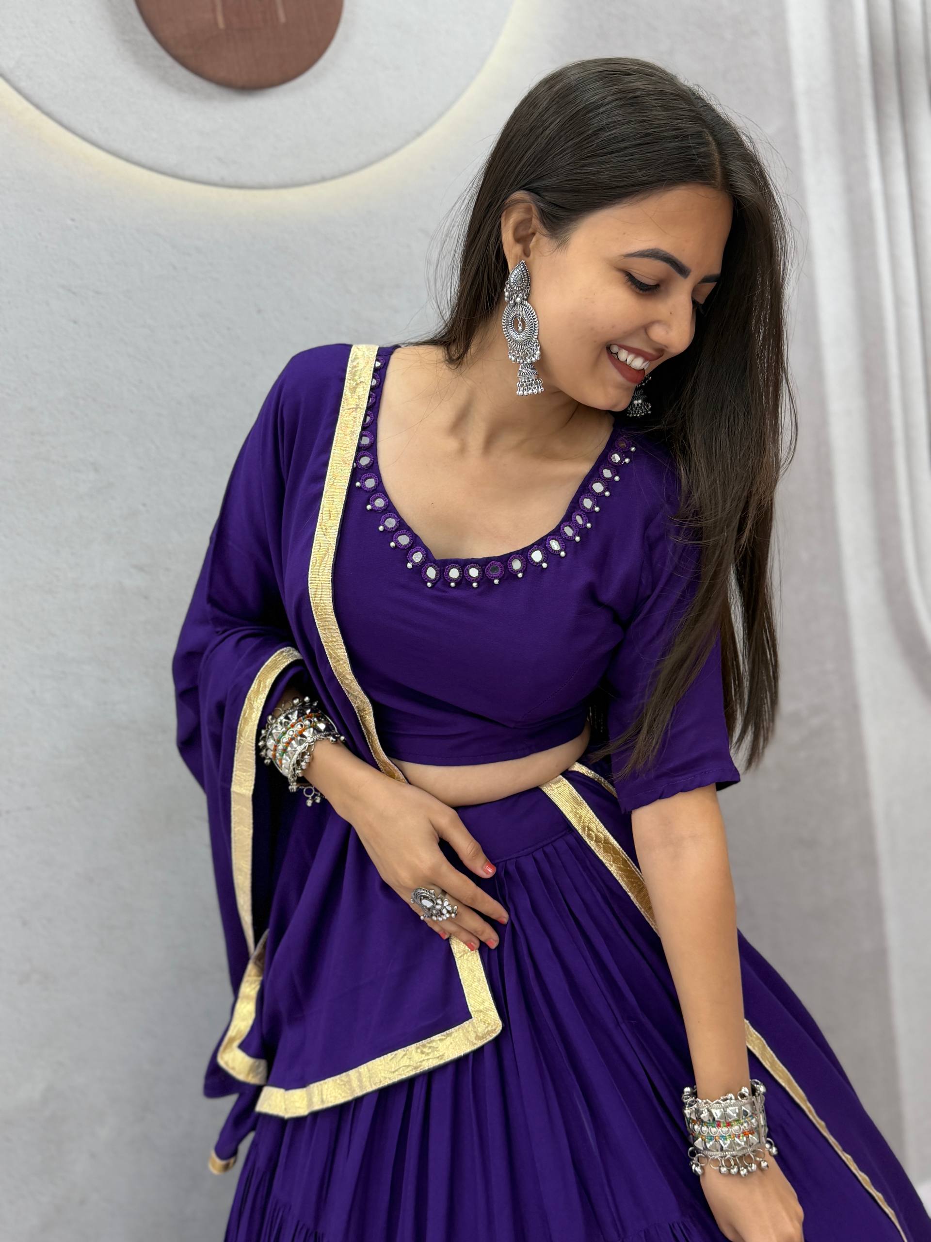 Royal Purple 9 Meter Flair Lehenga Choli with Handmade Mirror Work & Dupatta