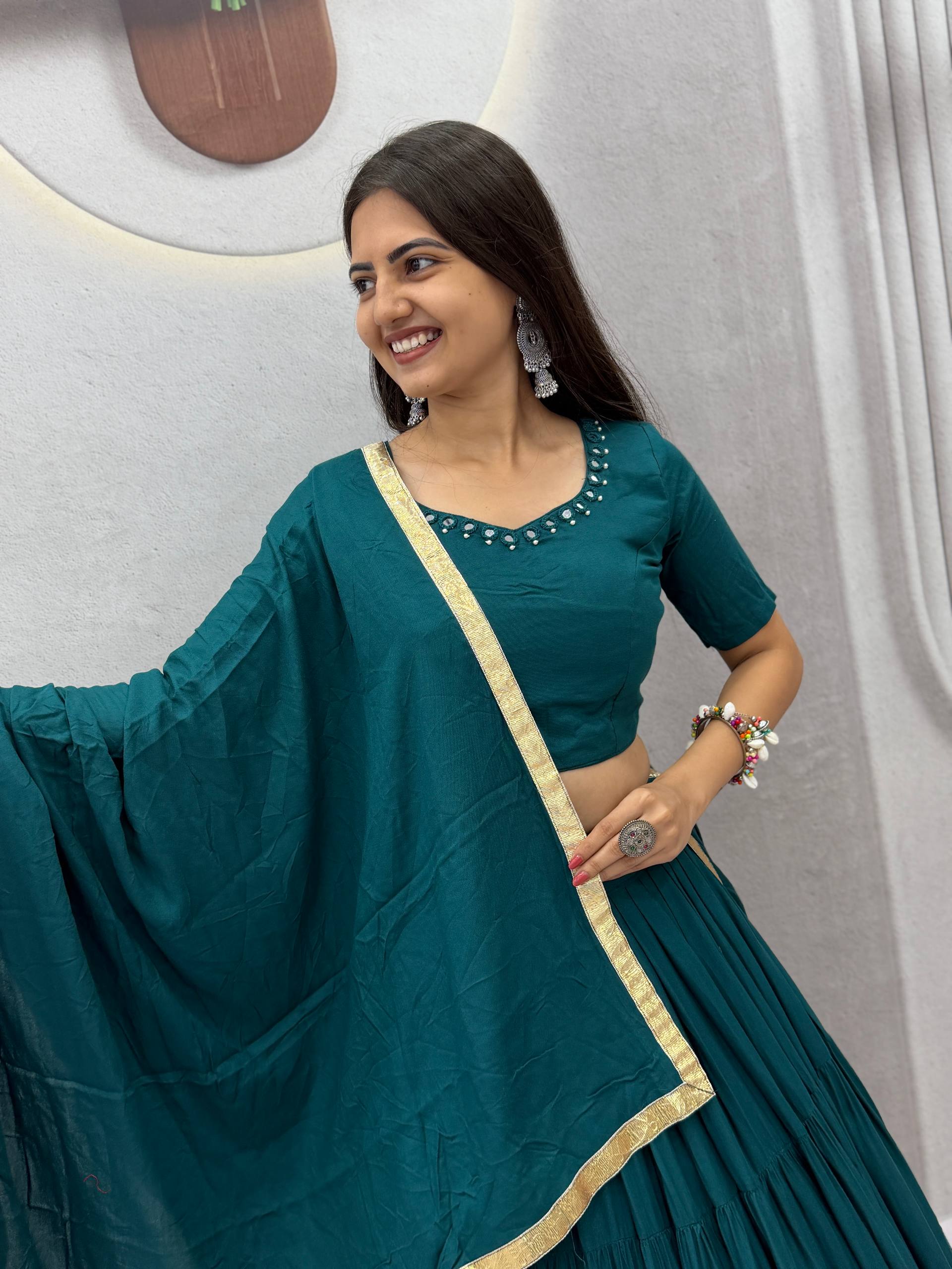 Teal 9+ Meter Flair Mirror Work Lehenga Choli with Dupatta
