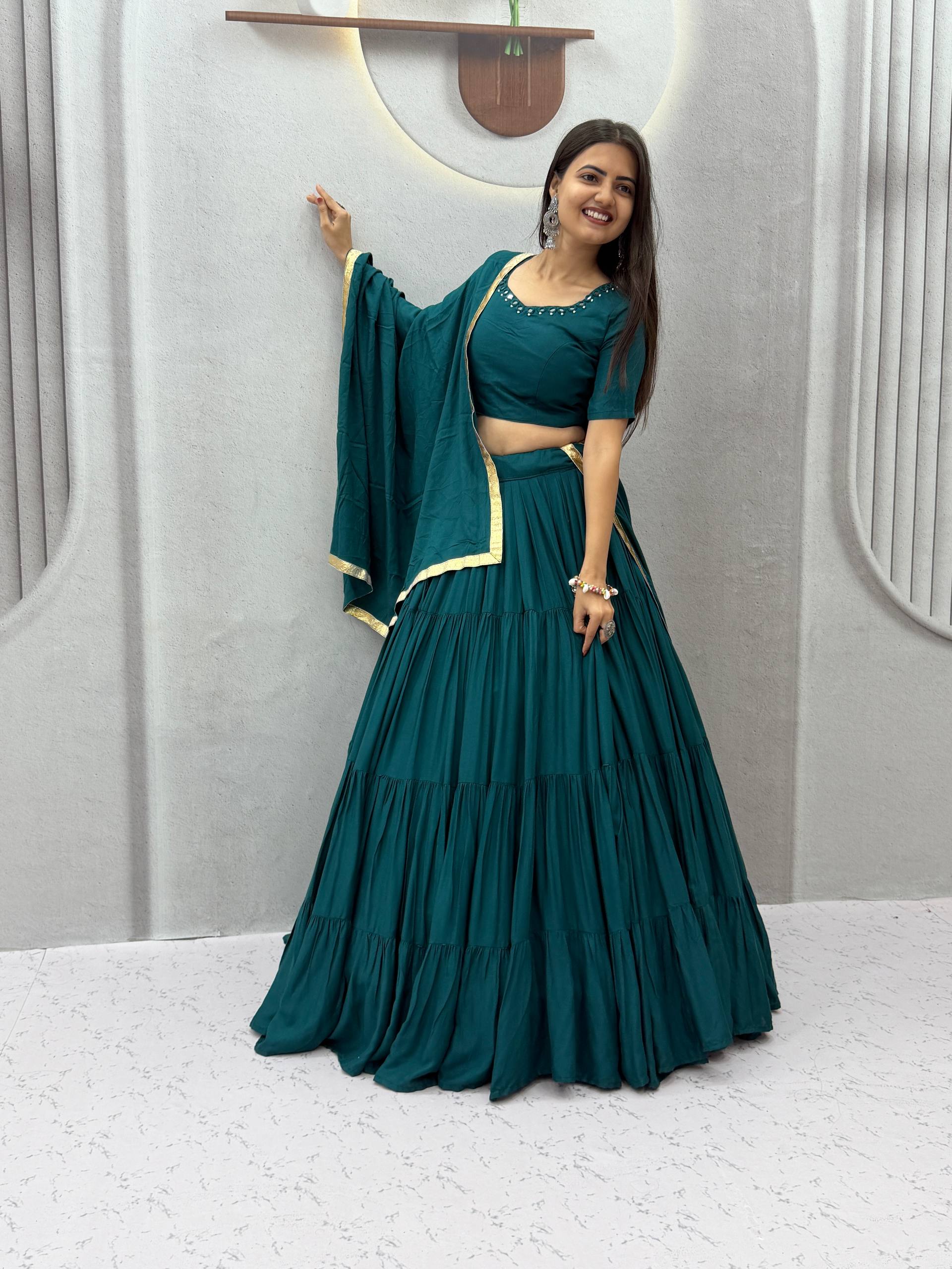 Teal 9+ Meter Flair Mirror Work Lehenga Choli with Dupatta