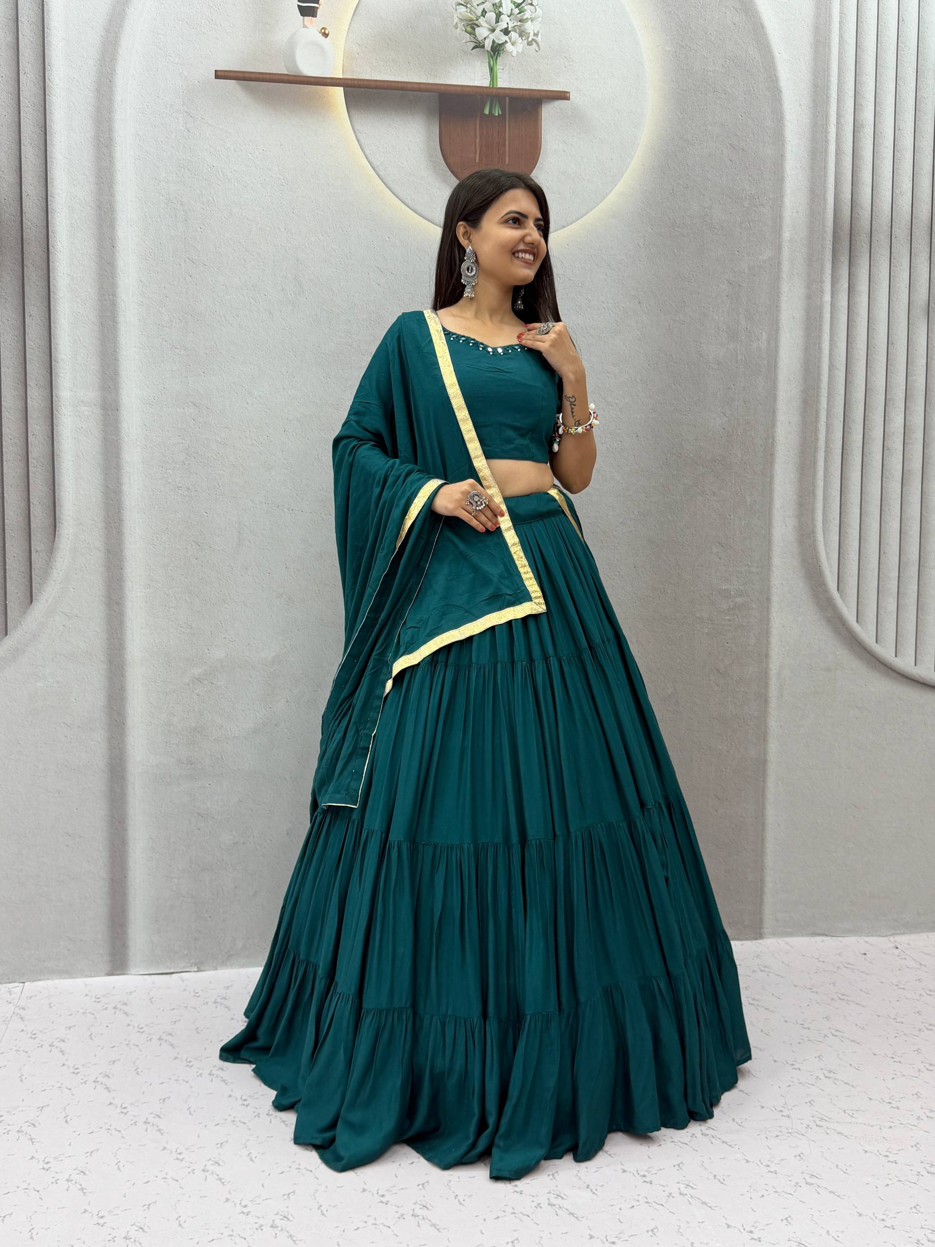 Teal 9+ Meter Flair Mirror Work Lehenga Choli with Dupatta