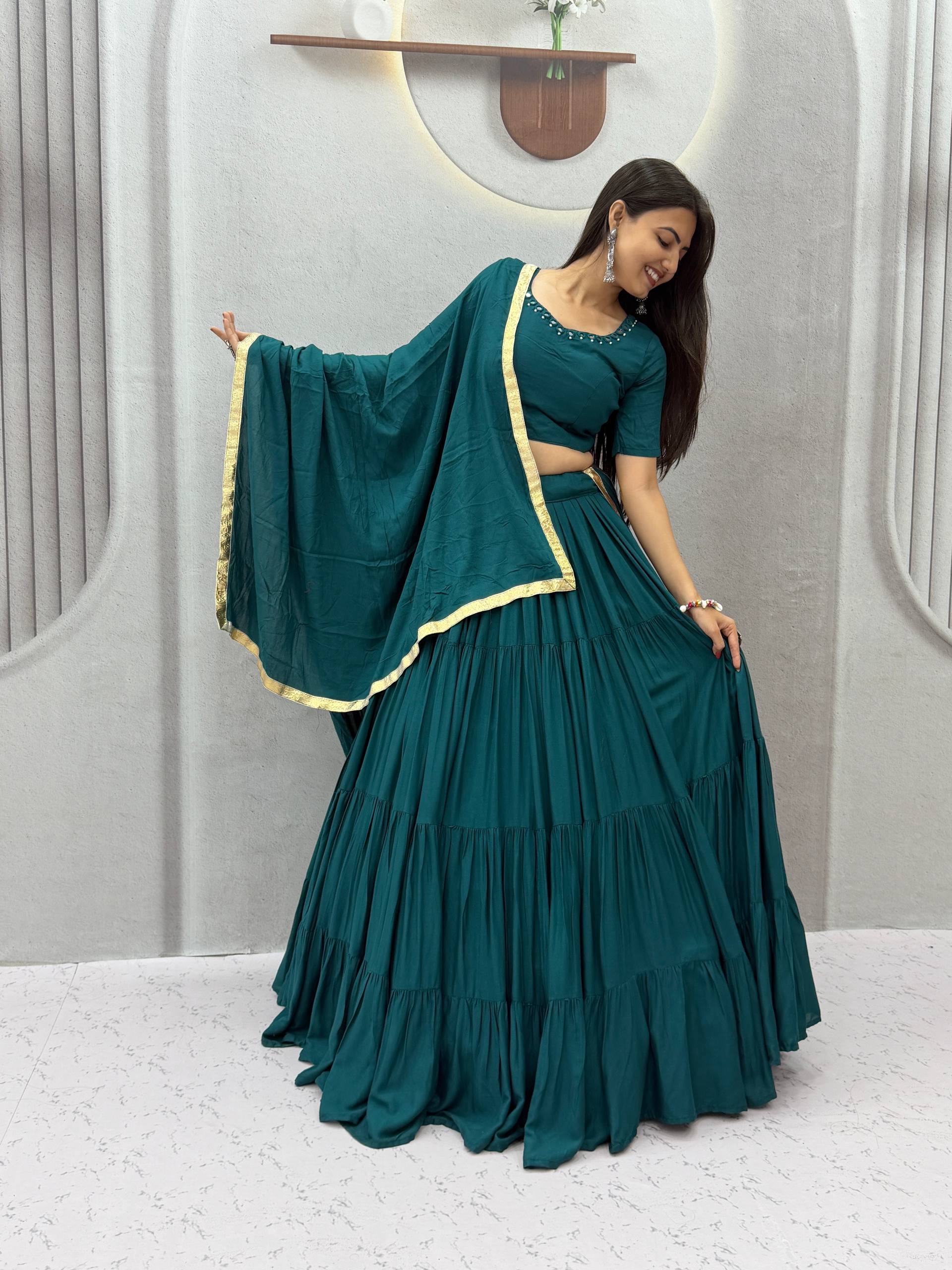 Teal 9+ Meter Flair Mirror Work Lehenga Choli with Dupatta