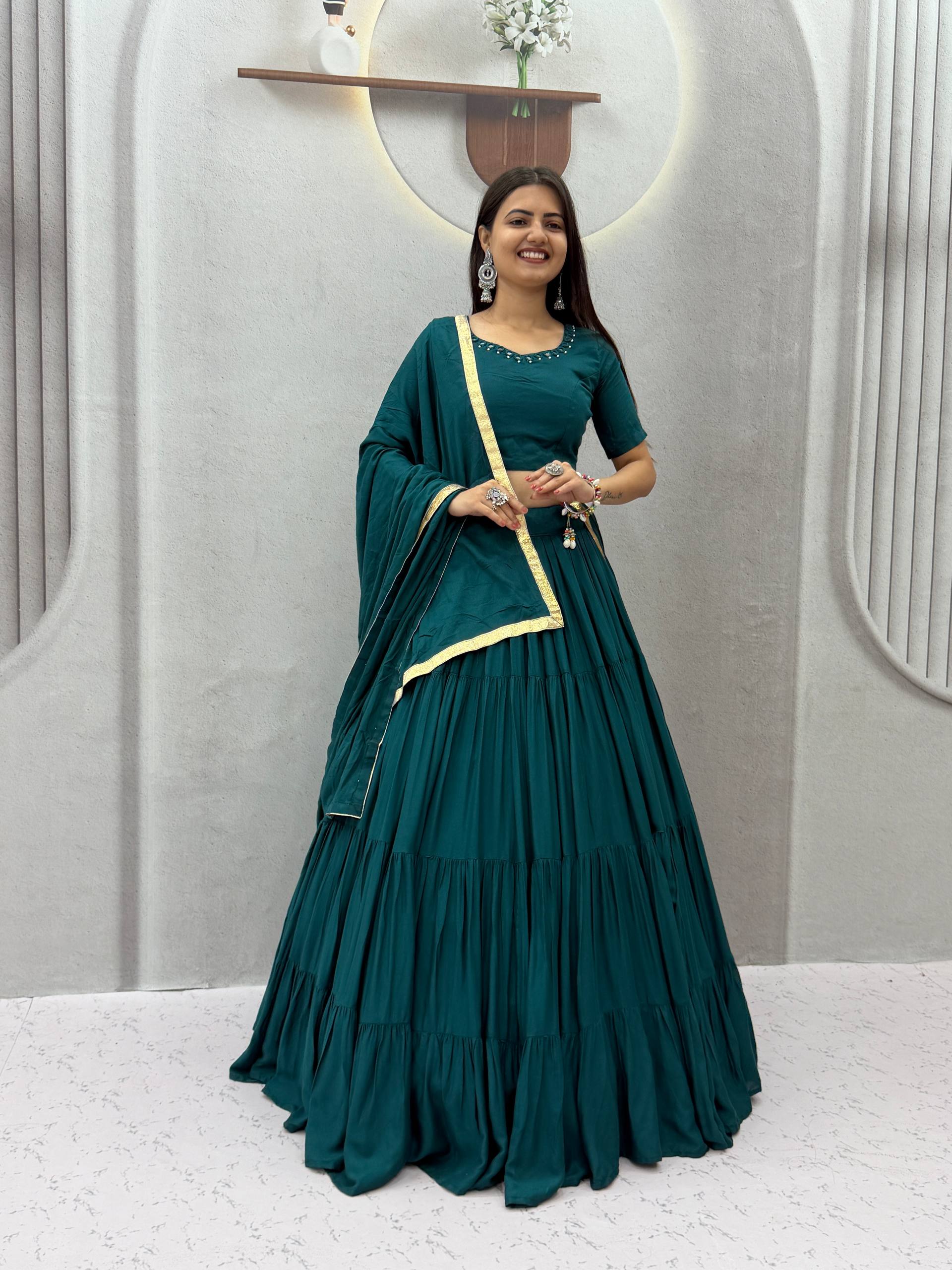 Teal 9+ Meter Flair Mirror Work Lehenga Choli with Dupatta