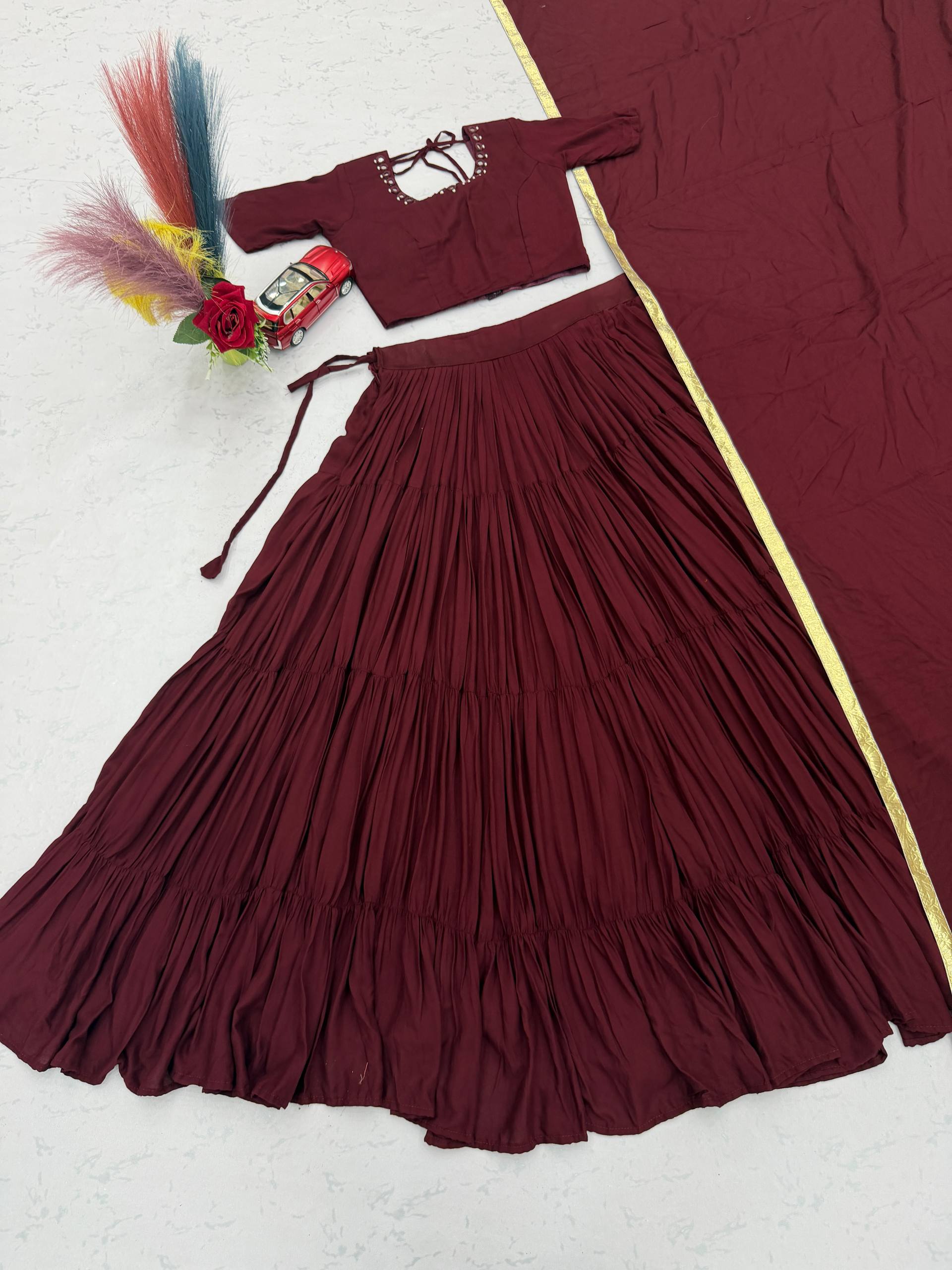 Wine Rion Cotton 9+ Meter Flair Lehenga Choli Set with Handmade Mirror Work