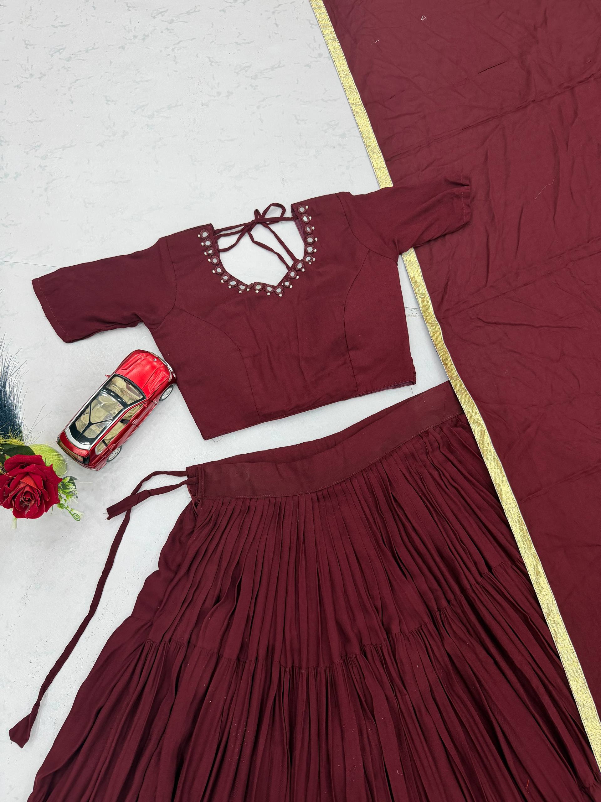Wine Rion Cotton 9+ Meter Flair Lehenga Choli Set with Handmade Mirror Work