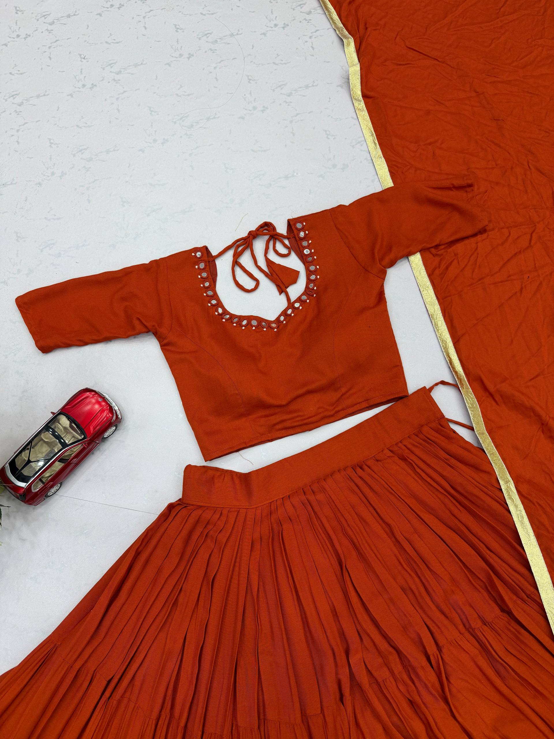 Rust Orange 9+ Meter Flair Lehenga Choli with Mirror Work Dupatta