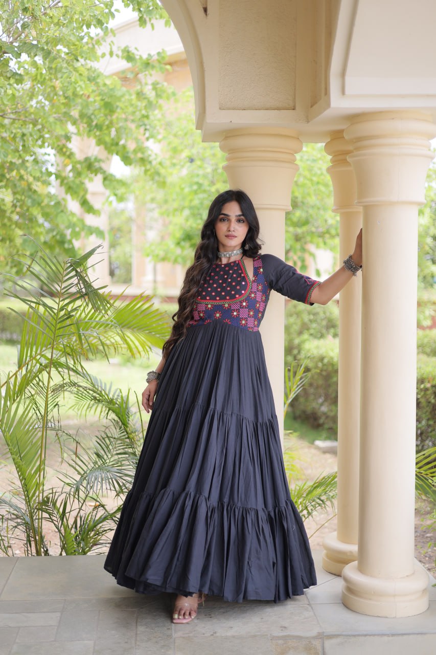 Black Kora Cotton Embroidered Mirror Work Flared Gown