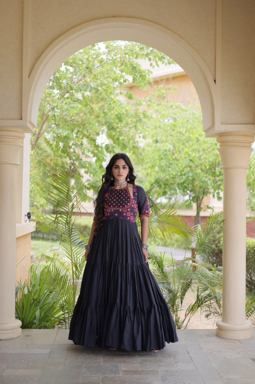 Black Kora Cotton Embroidered Mirror Work Flared Gown