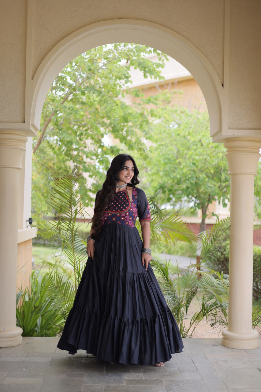 Black Kora Cotton Embroidered Mirror Work Flared Gown