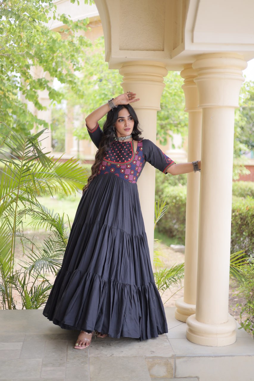 Black Kora Cotton Embroidered Mirror Work Flared Gown